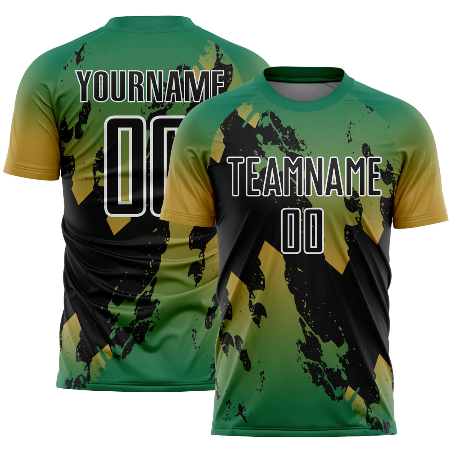 Custom Kelly Green Black Old Gold-White Gradient Splash Sublimation Soccer Uniform Jersey