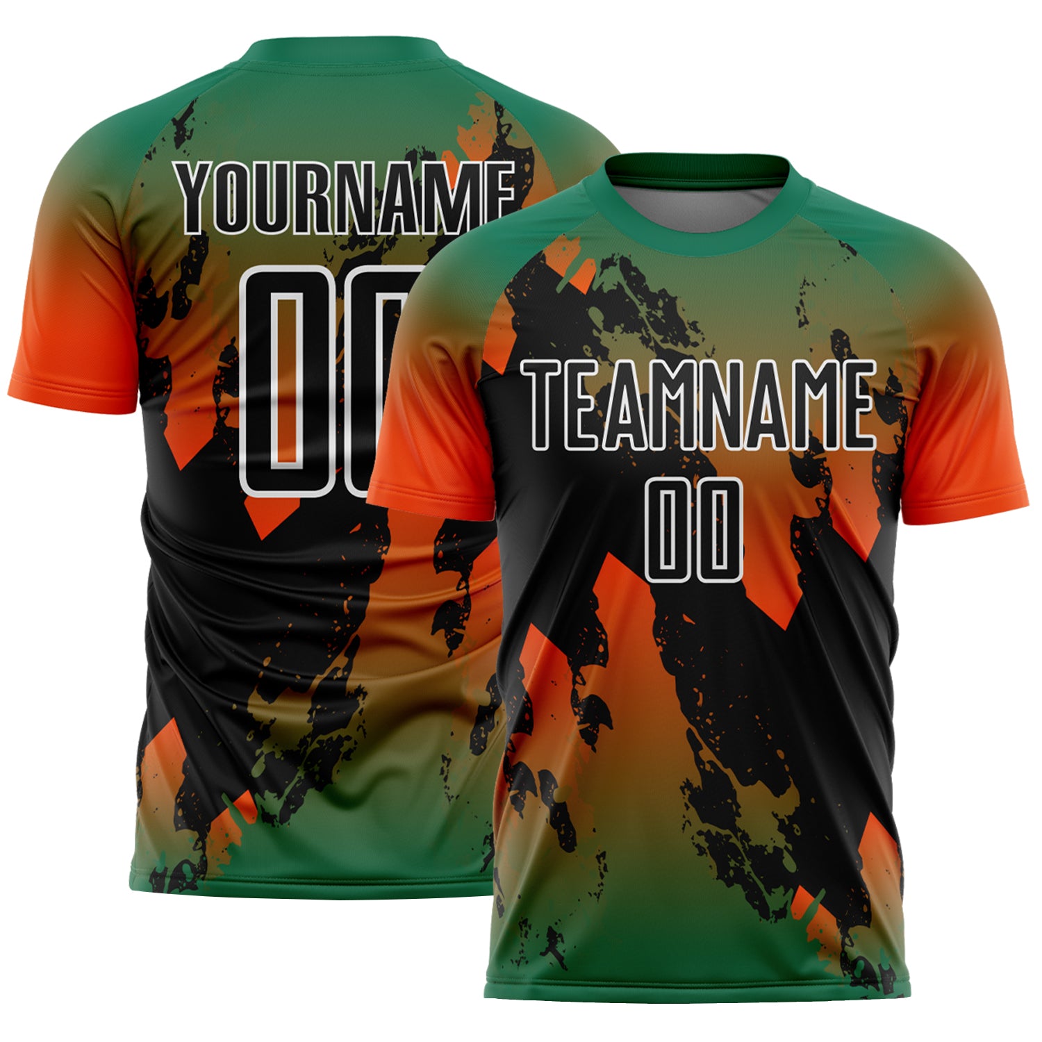 Custom Kelly Green Black Orange-White Gradient Splash Sublimation Soccer Uniform Jersey