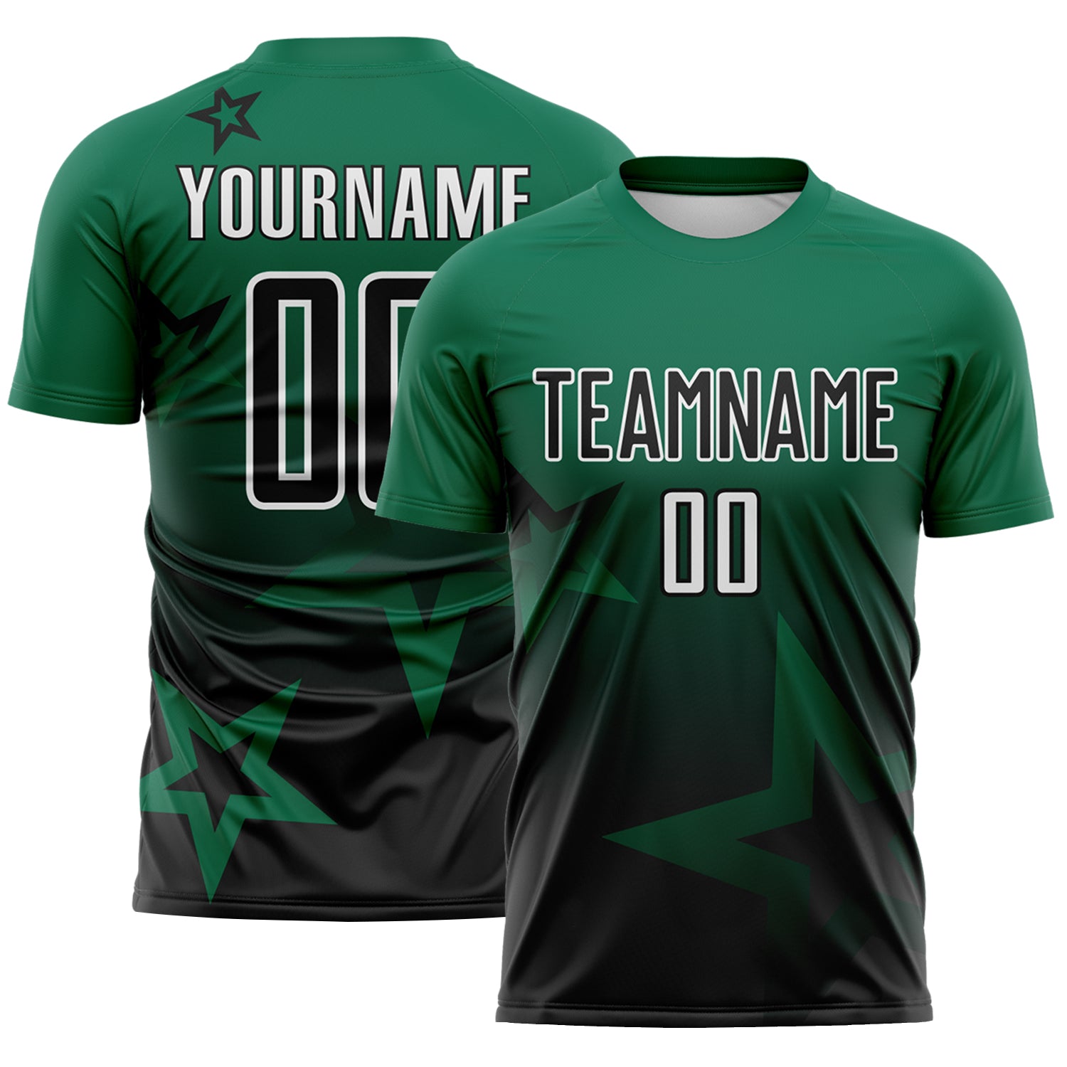 Custom Kelly Green Black-White Gradient Style Twinkle Star Sublimation Soccer Uniform Jersey