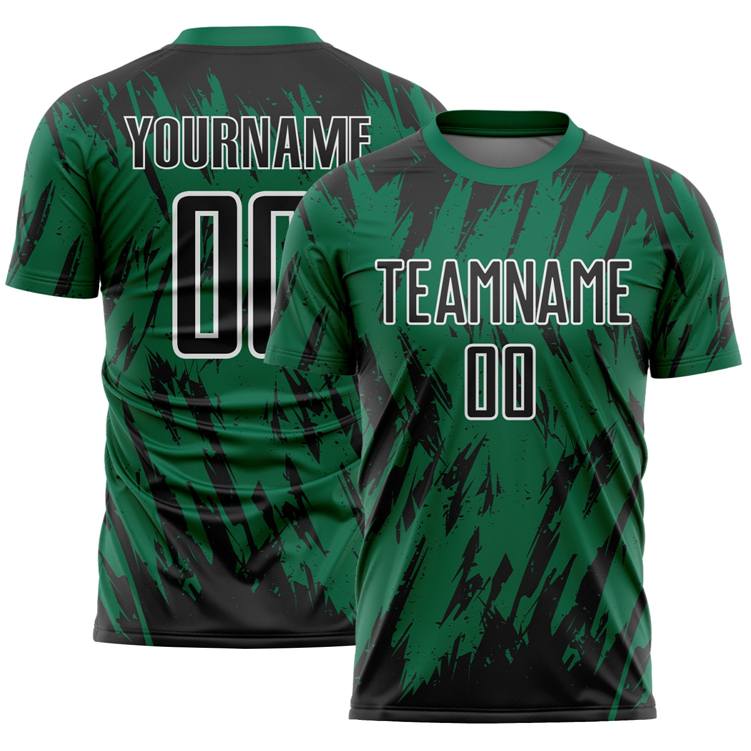 Custom Kelly Green Black-White Splatter Torn Sharp Brush Stroke Sublimation Soccer Uniform Jersey