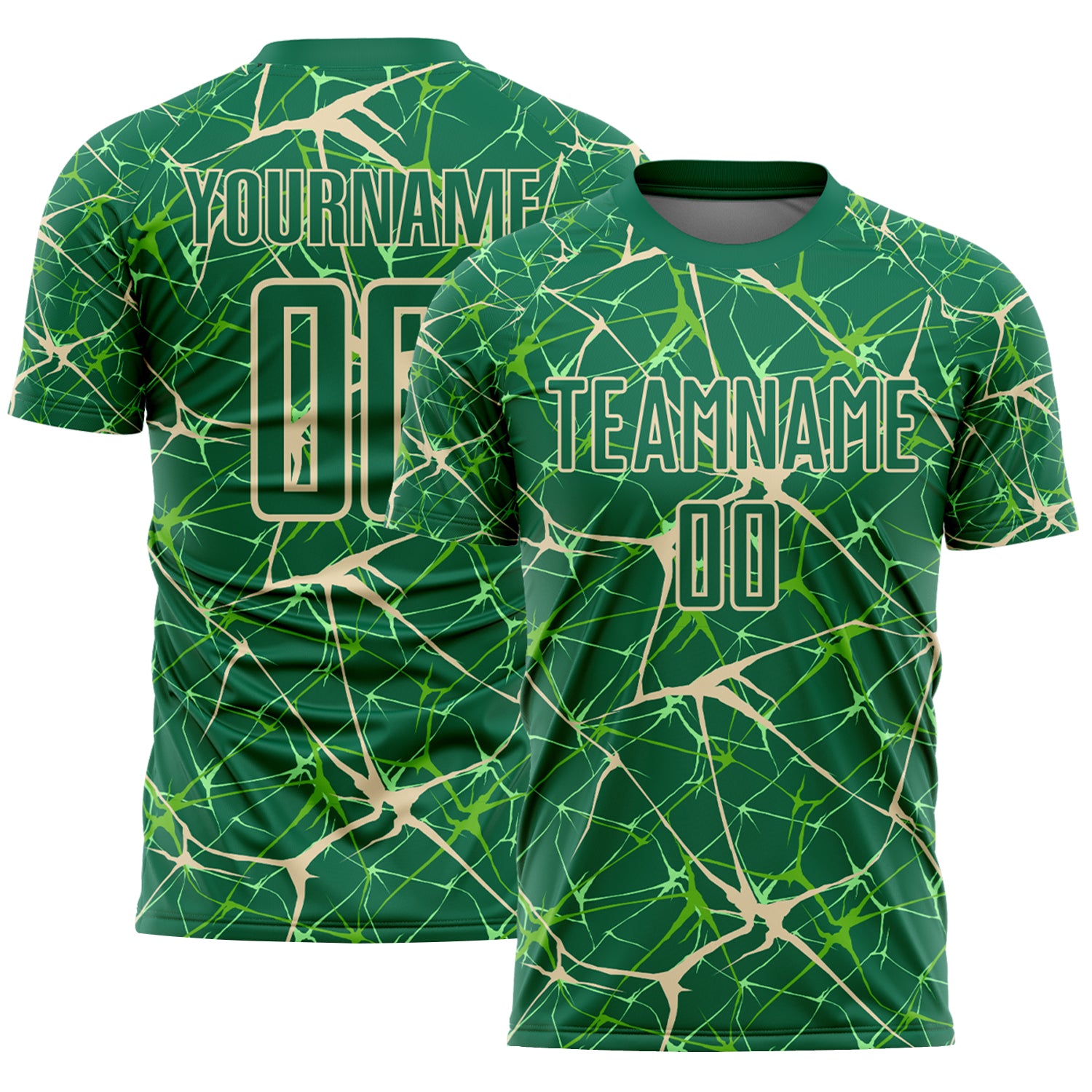 Custom Kelly Green-Cream Abstract Network Crackle Sublimation Soccer Uniform Jersey