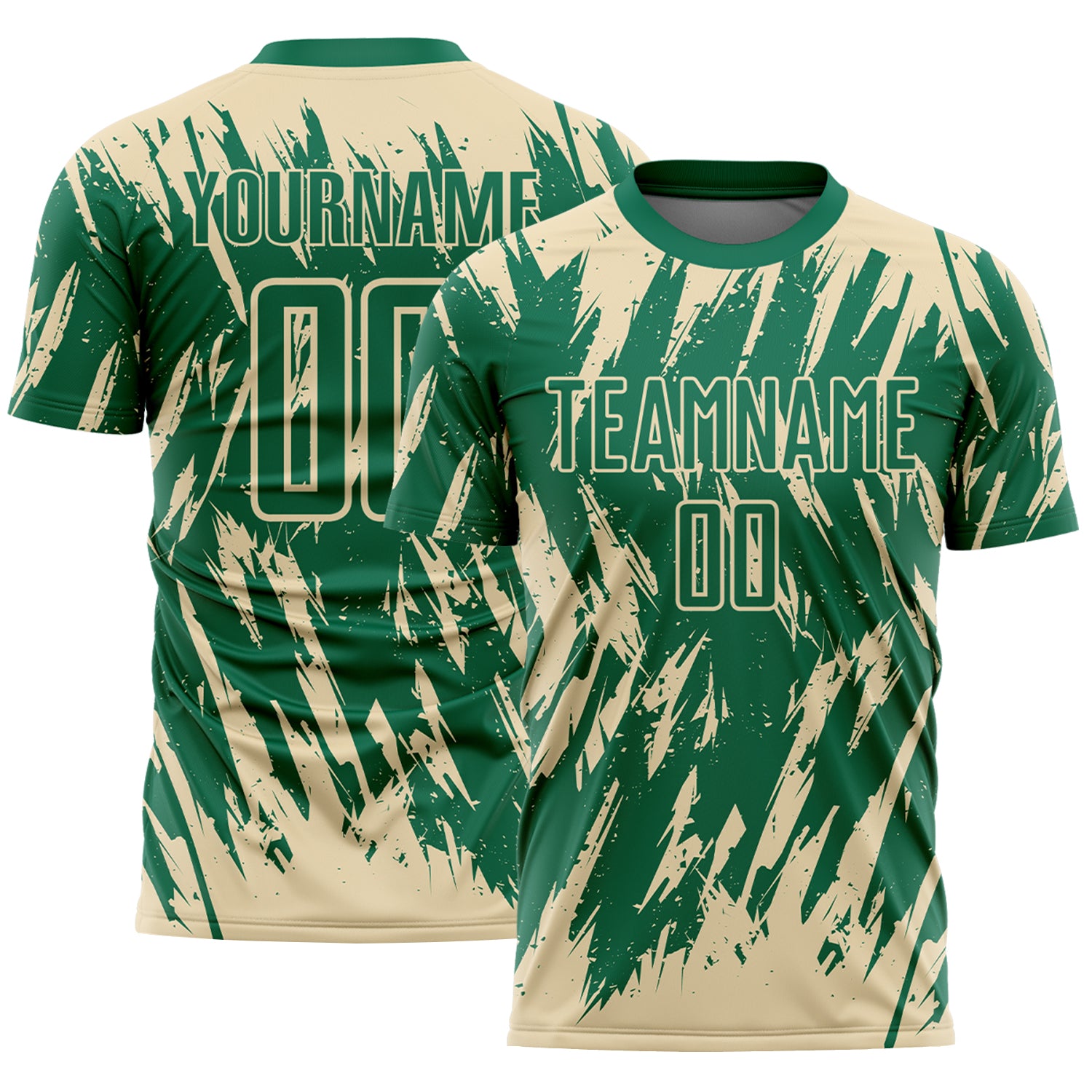 Custom Kelly Green-Cream Splatter Torn Sharp Brush Stroke Sublimation Soccer Uniform Jersey