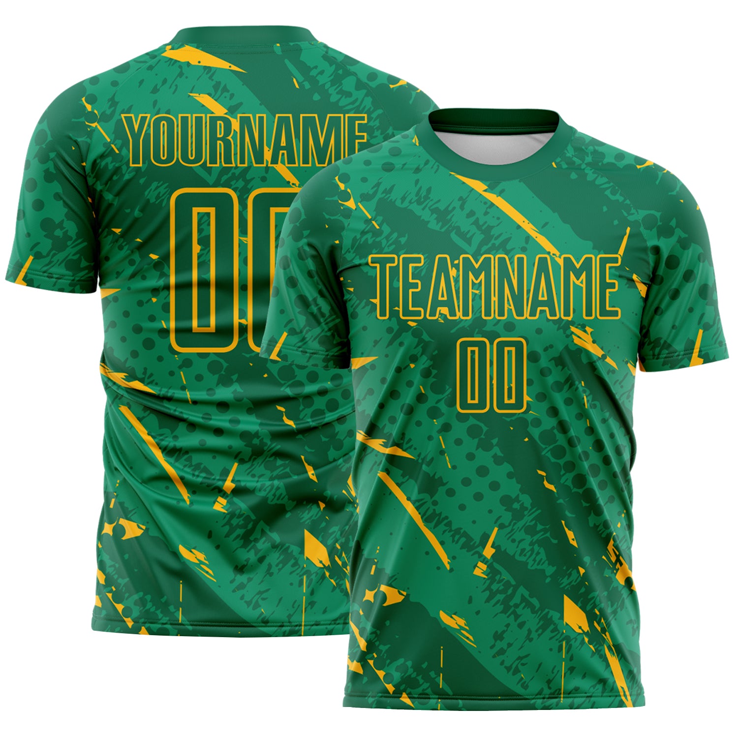 Custom Kelly Green-Gold Brush Stroke Slashes And Dot Grid Sublimation Soccer Uniform Jersey