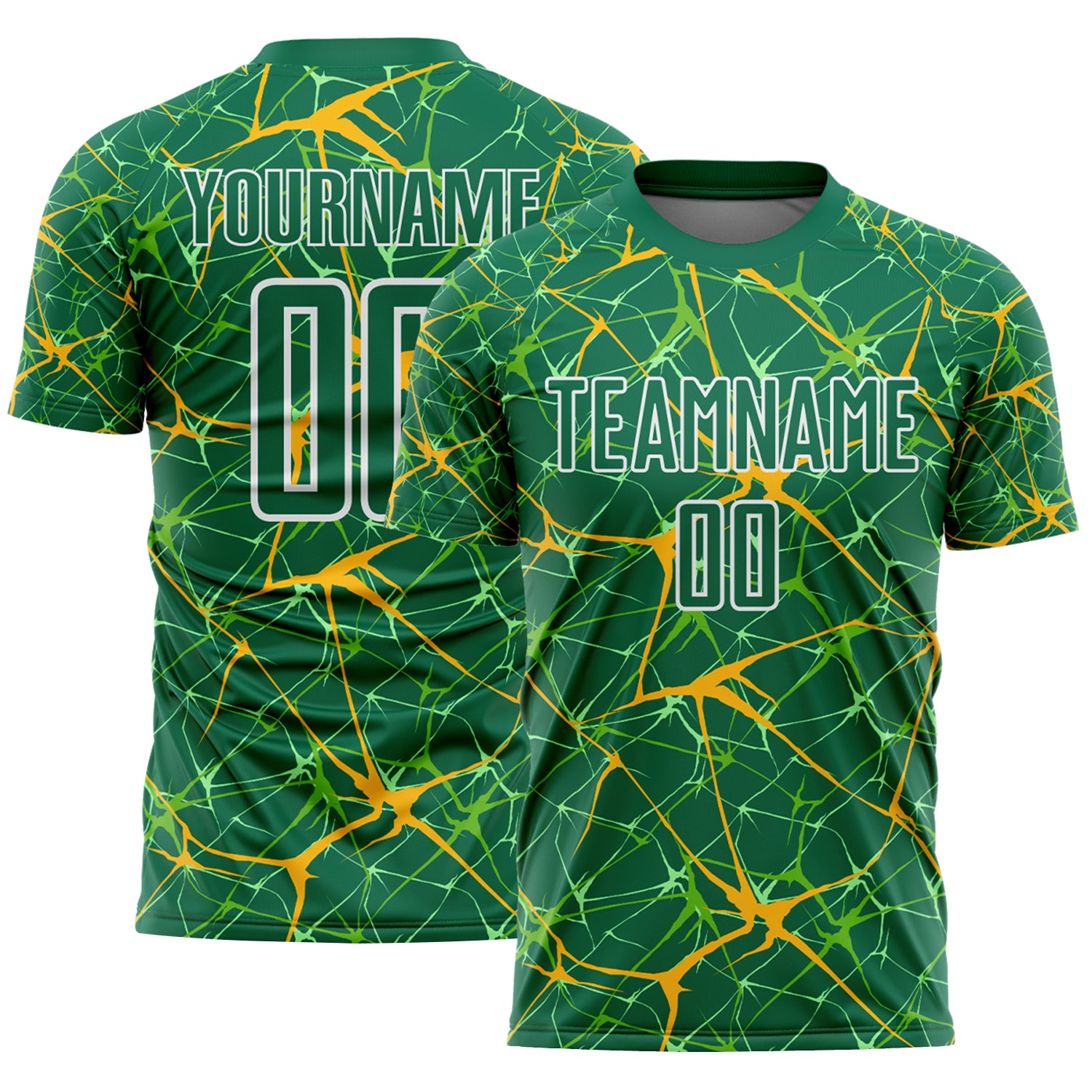 Custom Kelly Green Gold-White Abstract Network Crackle Sublimation Soccer Uniform Jersey
