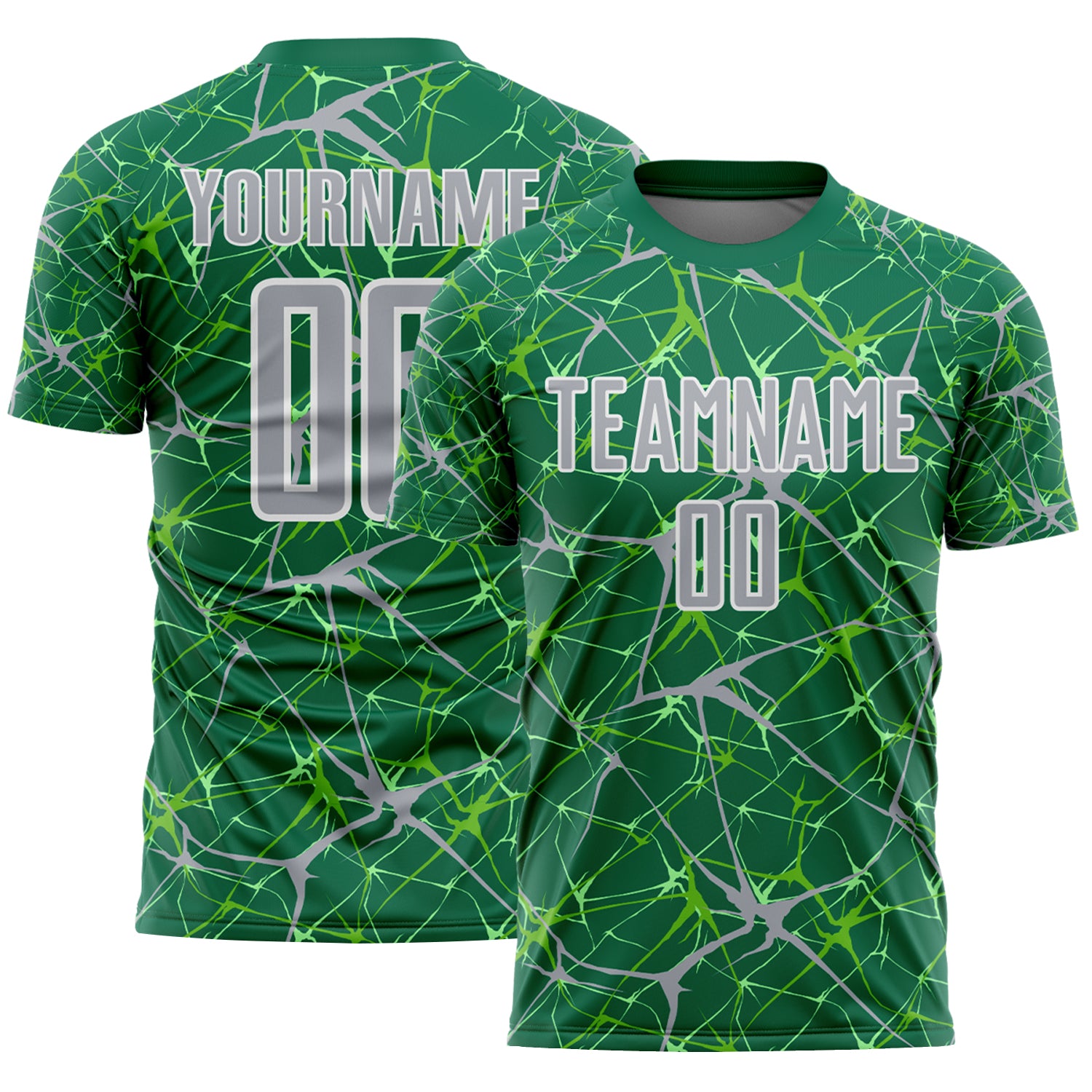 Custom Kelly Green Gray-White Abstract Network Crackle Sublimation Soccer Uniform Jersey