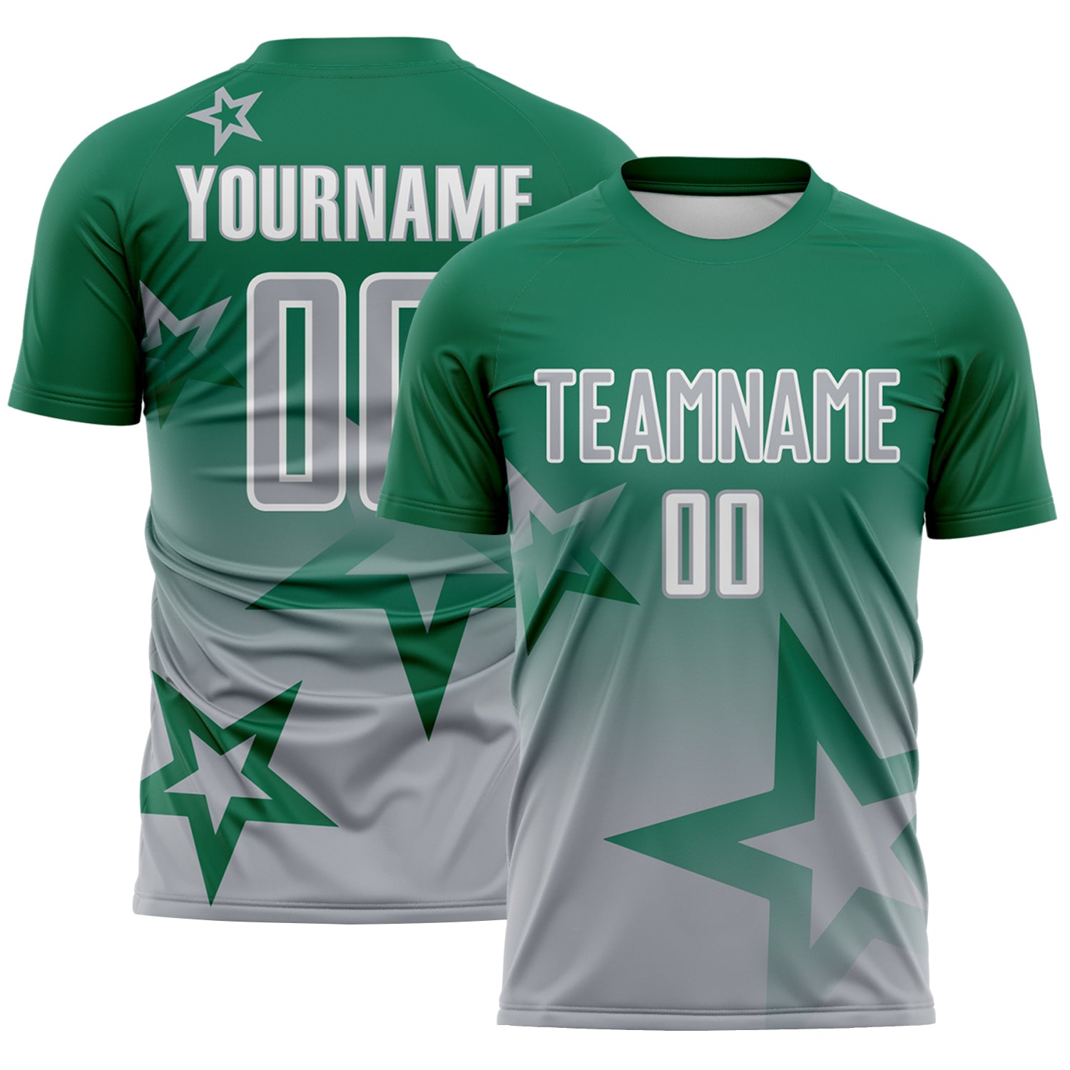 Custom Kelly Green Gray-White Gradient Style Twinkle Star Sublimation Soccer Uniform Jersey