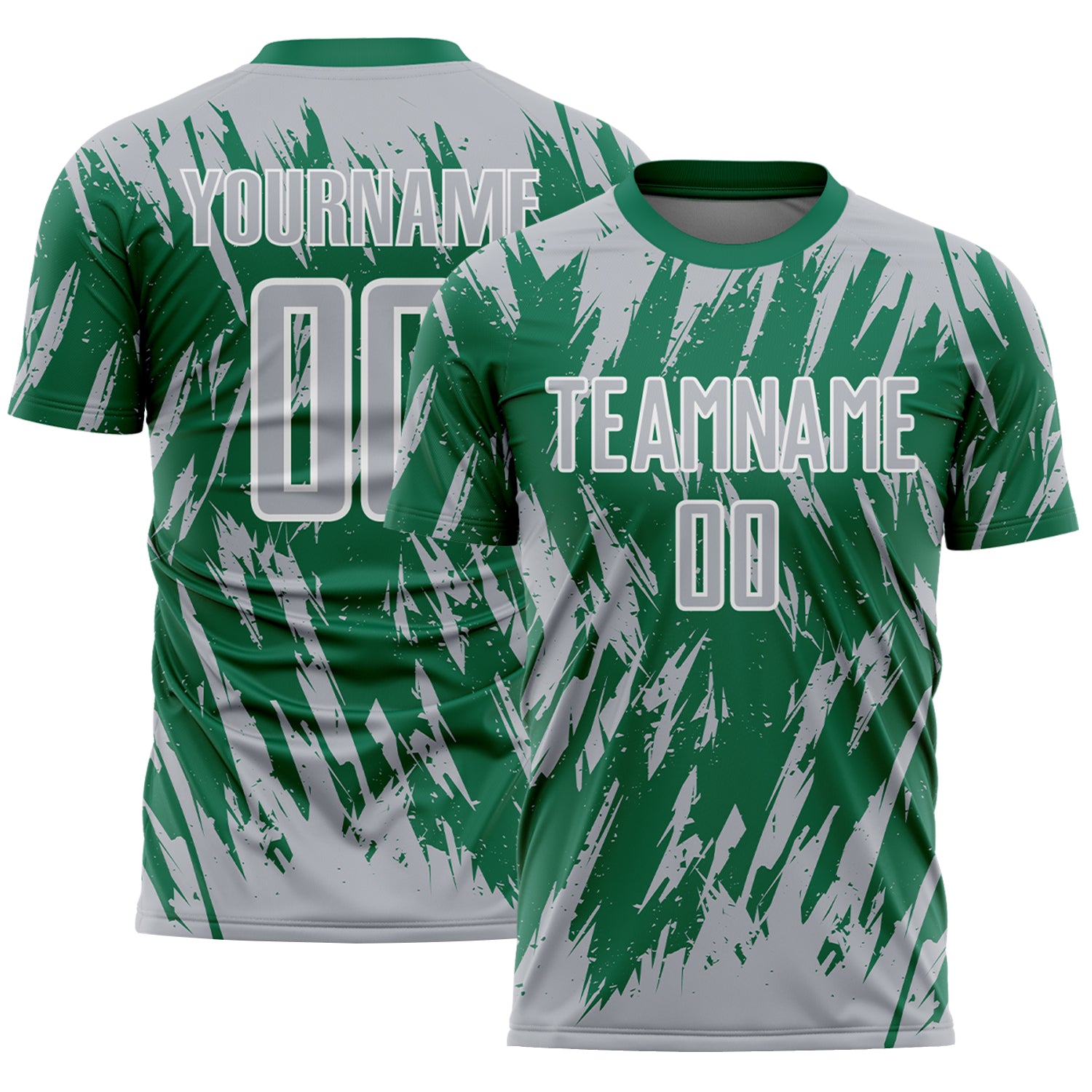 Custom Kelly Green Gray-White Splatter Torn Sharp Brush Stroke Sublimation Soccer Uniform Jersey
