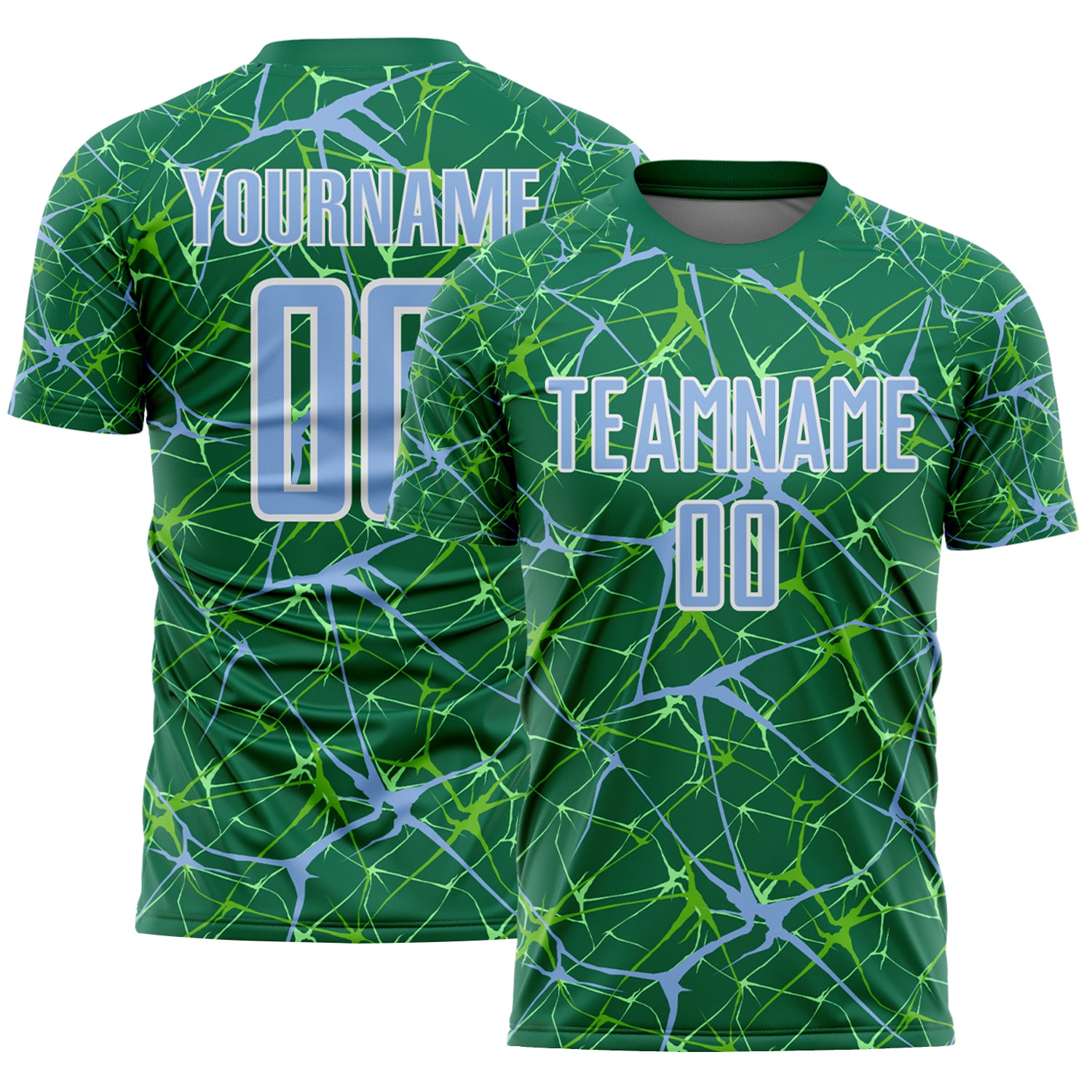 Custom Kelly Green Light Blue-White Abstract Network Crackle Sublimation Soccer Uniform Jersey