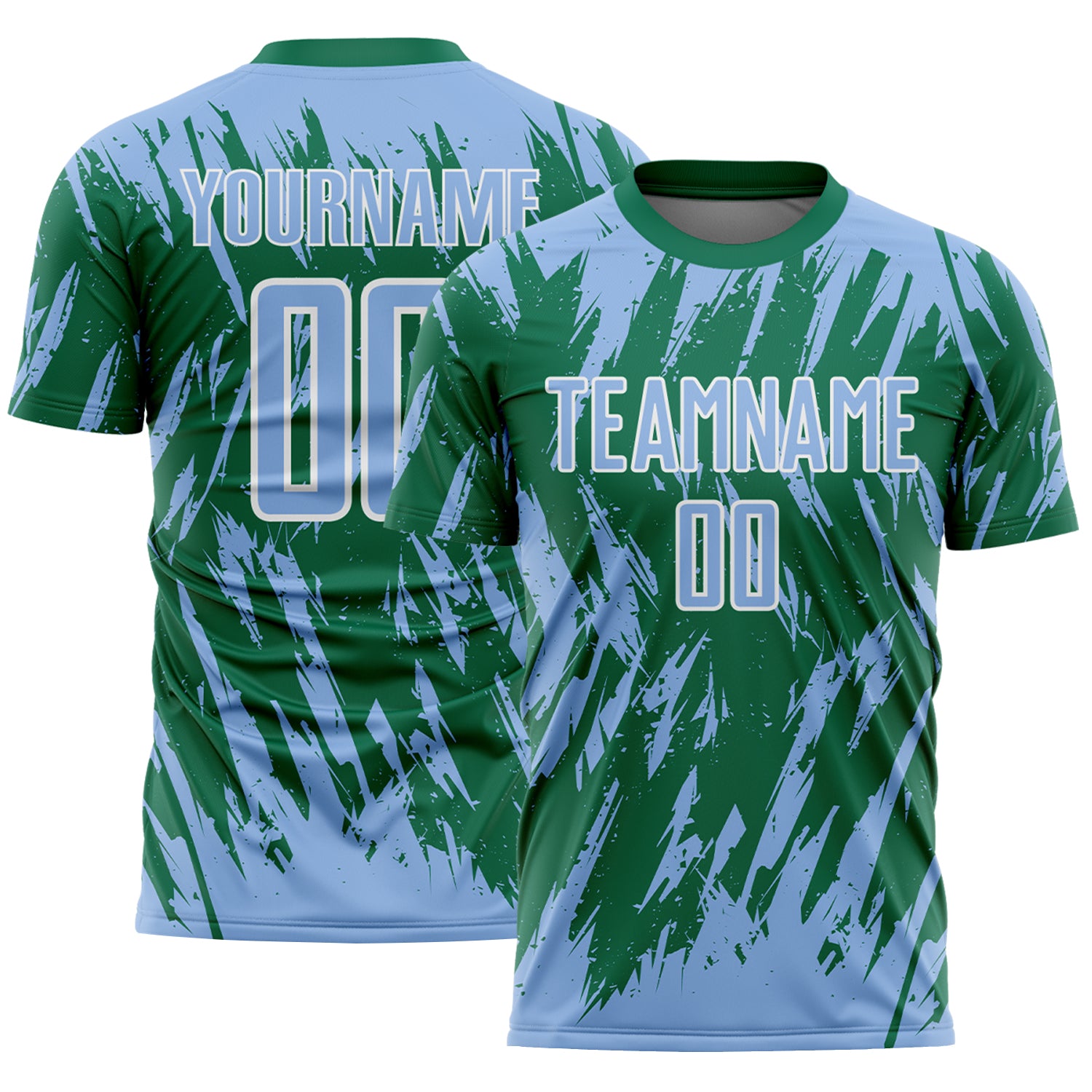 Custom Kelly Green Light Blue-White Splatter Torn Sharp Brush Stroke Sublimation Soccer Uniform Jersey