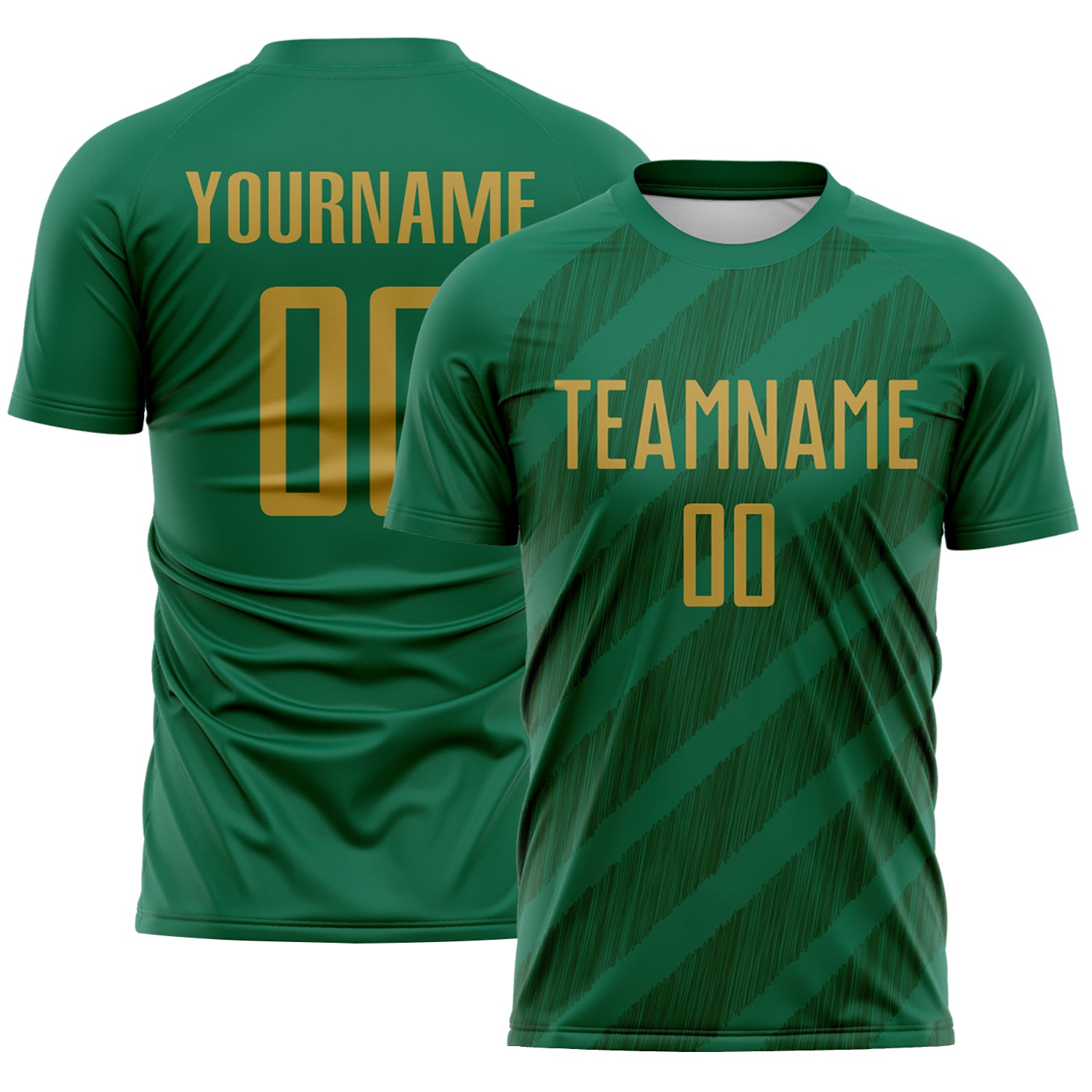 Custom Kelly Green Old Gold-Green Diagonal Stripes Sublimation Soccer Uniform Jersey