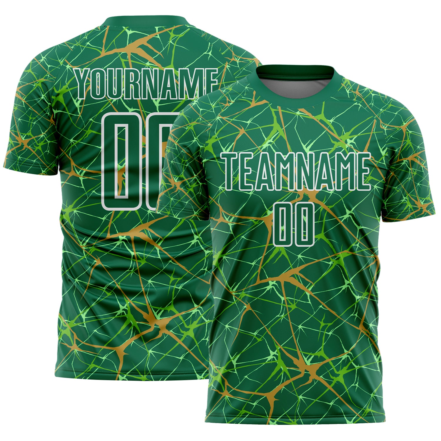 Custom Kelly Green Old Gold-White Abstract Network Crackle Sublimation Soccer Uniform Jersey
