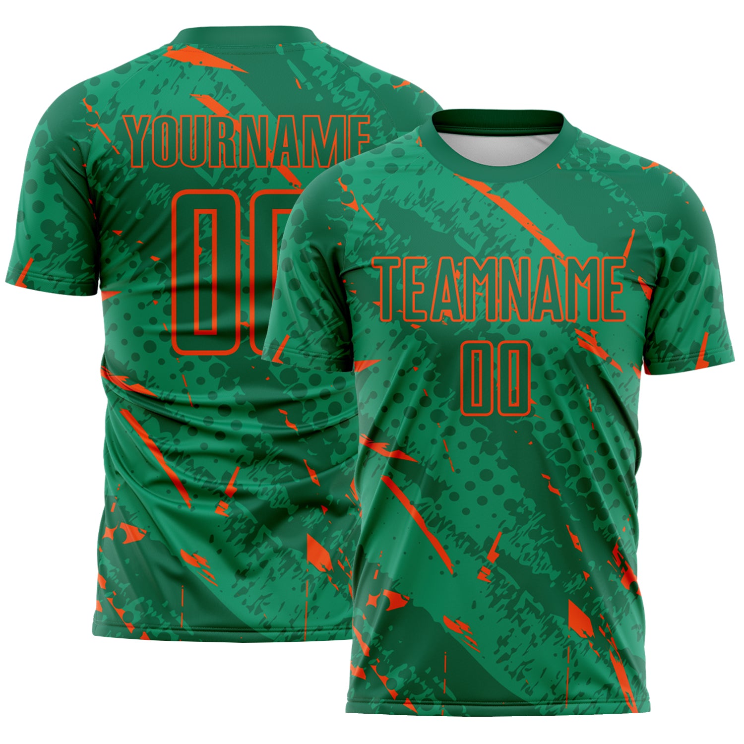 Custom Kelly Green-Orange Brush Stroke Slashes And Dot Grid Sublimation Soccer Uniform Jersey