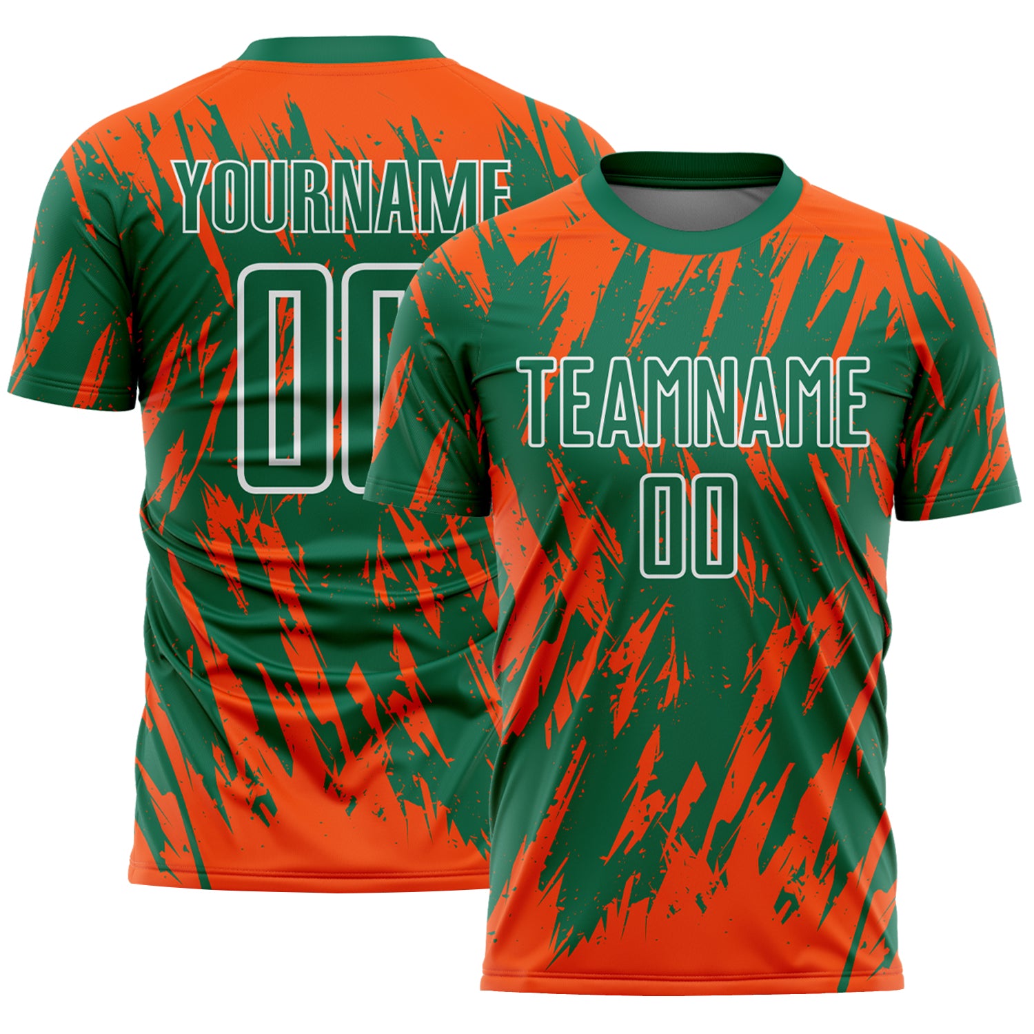 Custom Kelly Green Orange-White Splatter Torn Sharp Brush Stroke Sublimation Soccer Uniform Jersey