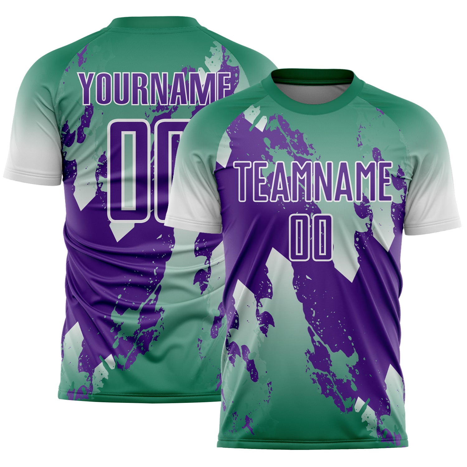 Custom Kelly Green Purple-White Gradient Splash Sublimation Soccer Uniform Jersey