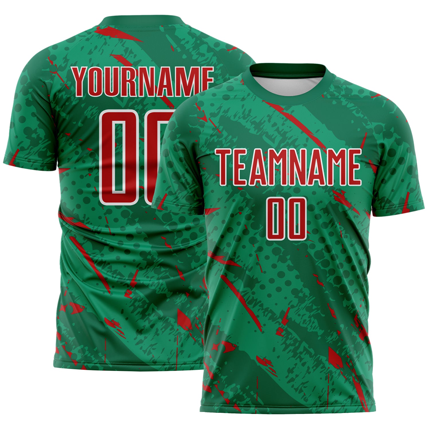 Custom Kelly Green Red-White Brush Stroke Slashes And Dot Grid Sublimation Soccer Uniform Jersey