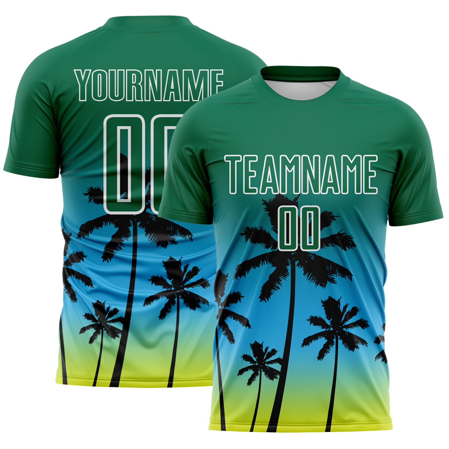 Custom Kelly Green Sky Blue Neon Yellow-White Tropical Hawaii Palm Trees Gradient Sublimation Soccer Uniform Jersey