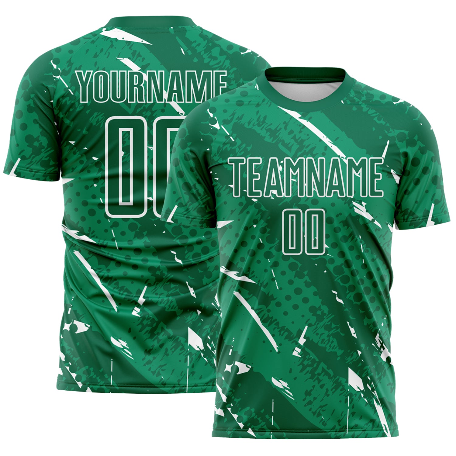 Custom Kelly Green-White Brush Stroke Slashes And Dot Grid Sublimation Soccer Uniform Jersey