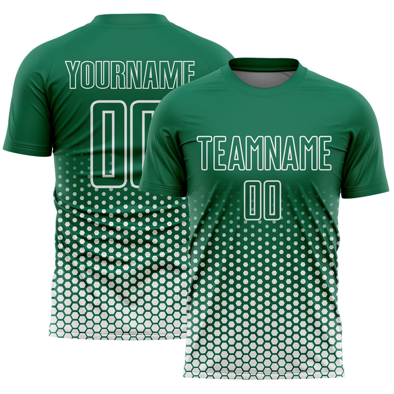 Custom Kelly Green-White Geometric Hexagonal Dot Gradient Sublimation Soccer Uniform Jersey
