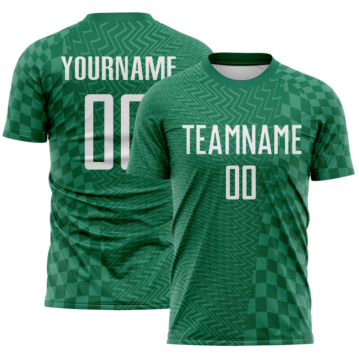Custom Kelly Green-White Geometric Patchwork Asymmetry Checkered Zigzag Lines Sublimation Soccer Uniform Jersey