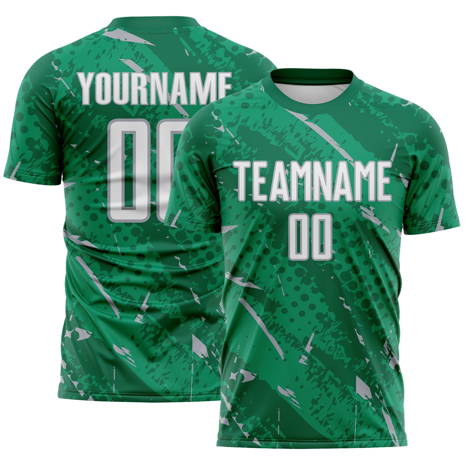 Custom Kelly Green White-Gray Brush Stroke Slashes And Dot Grid Sublimation Soccer Uniform Jersey