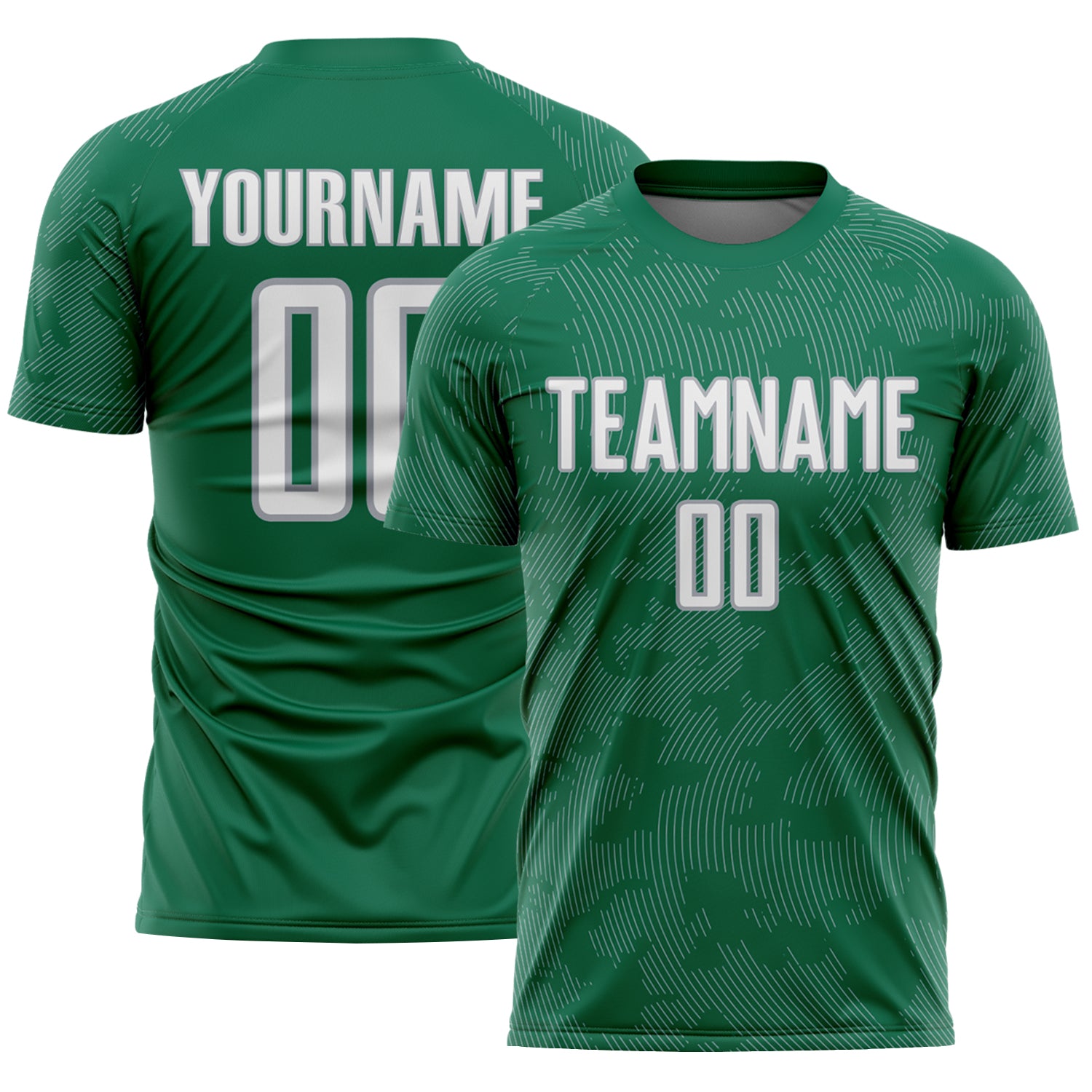 Custom Kelly Green White-Gray Curve Lines Sublimation Soccer Uniform Jersey