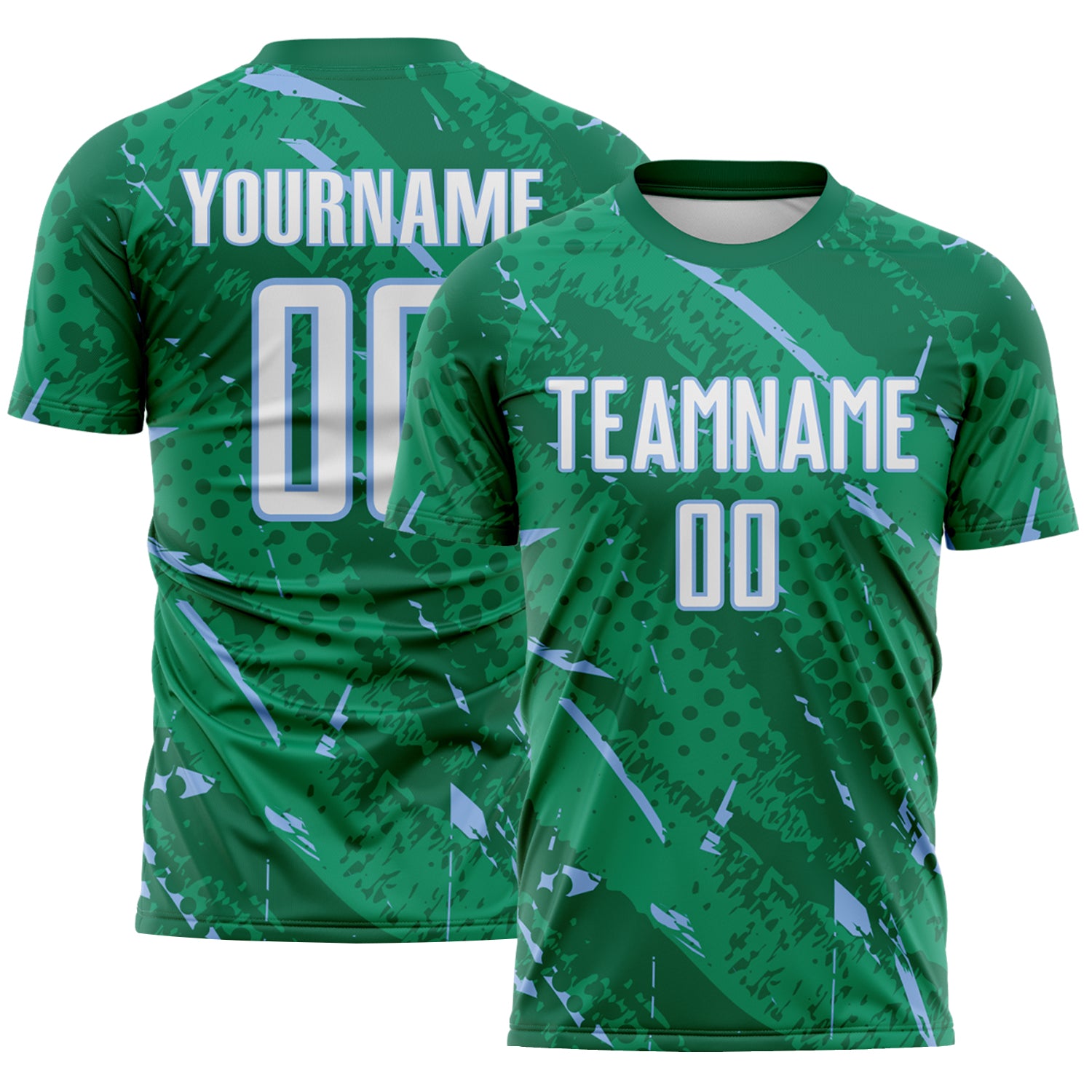 Custom Kelly Green White-Light Blue Brush Stroke Slashes And Dot Grid Sublimation Soccer Uniform Jersey