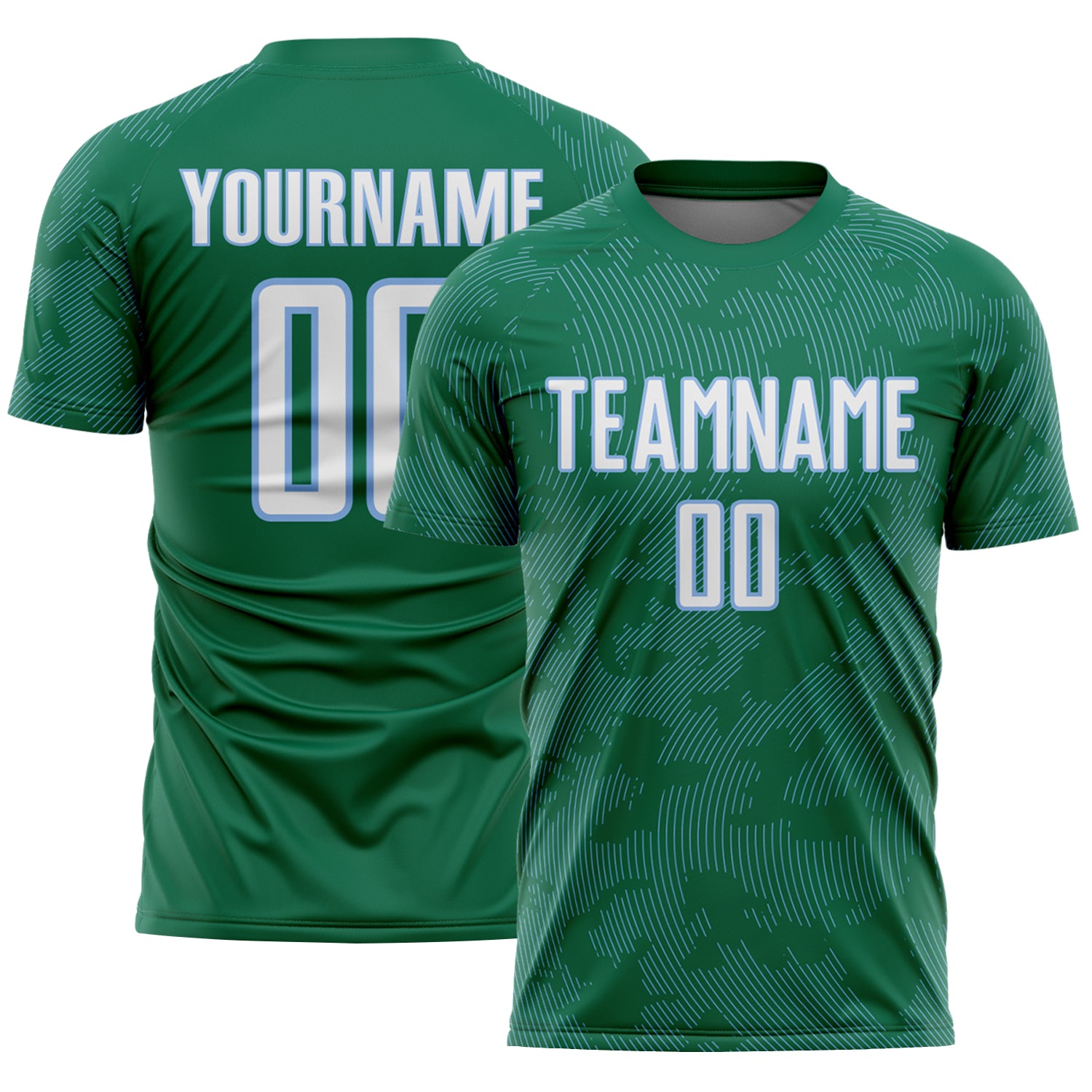 Custom Kelly Green White-Light Blue Curve Lines Sublimation Soccer Uniform Jersey