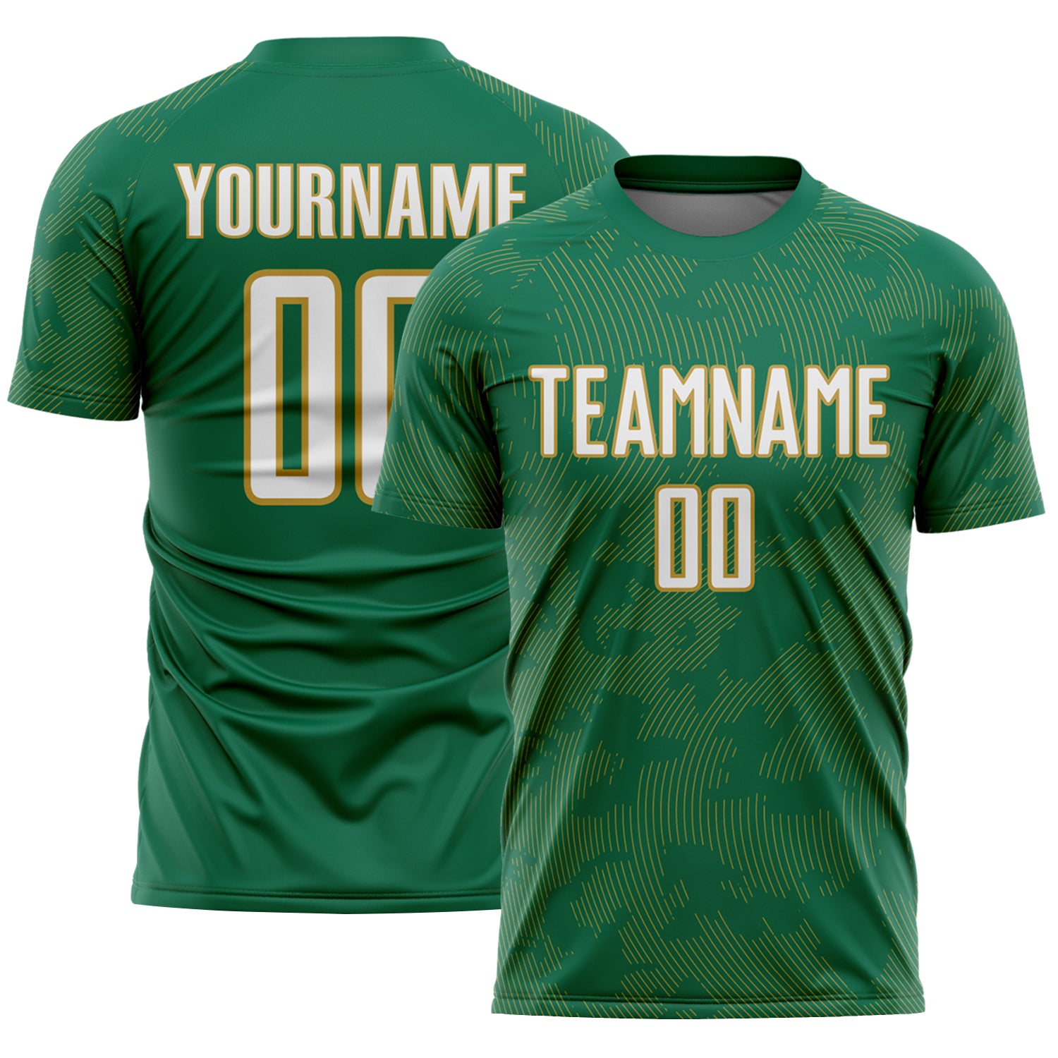 Custom Kelly Green White-Old Gold Curve Lines Sublimation Soccer Uniform Jersey