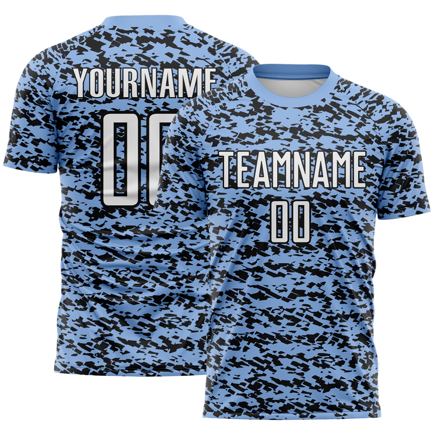 Custom Light Blue-Black Geometric Fragment Splatter Sublimation Soccer Uniform Jersey
