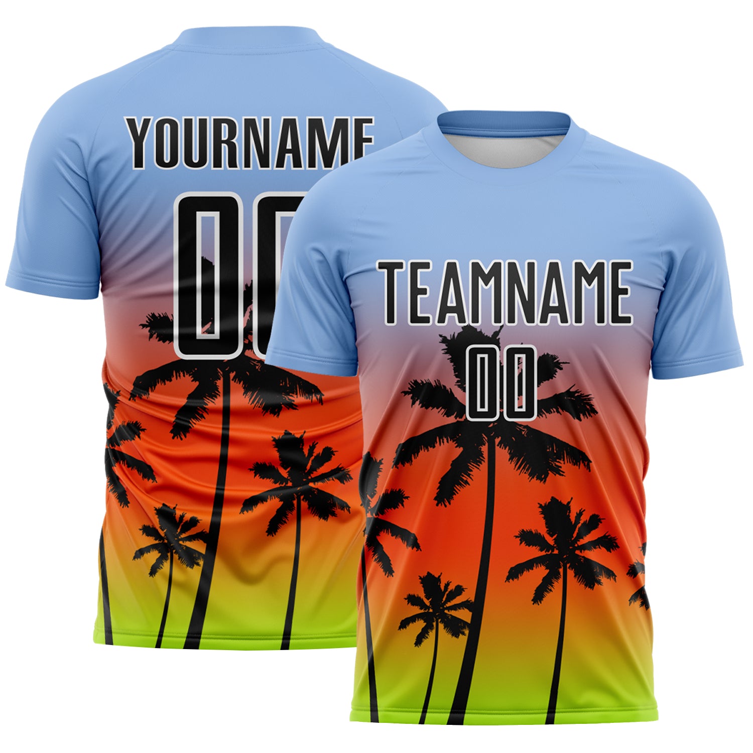Custom Light Blue Black Orange Neon Green-White Tropical Hawaii Palm Trees Gradient Sublimation Soccer Uniform Jersey