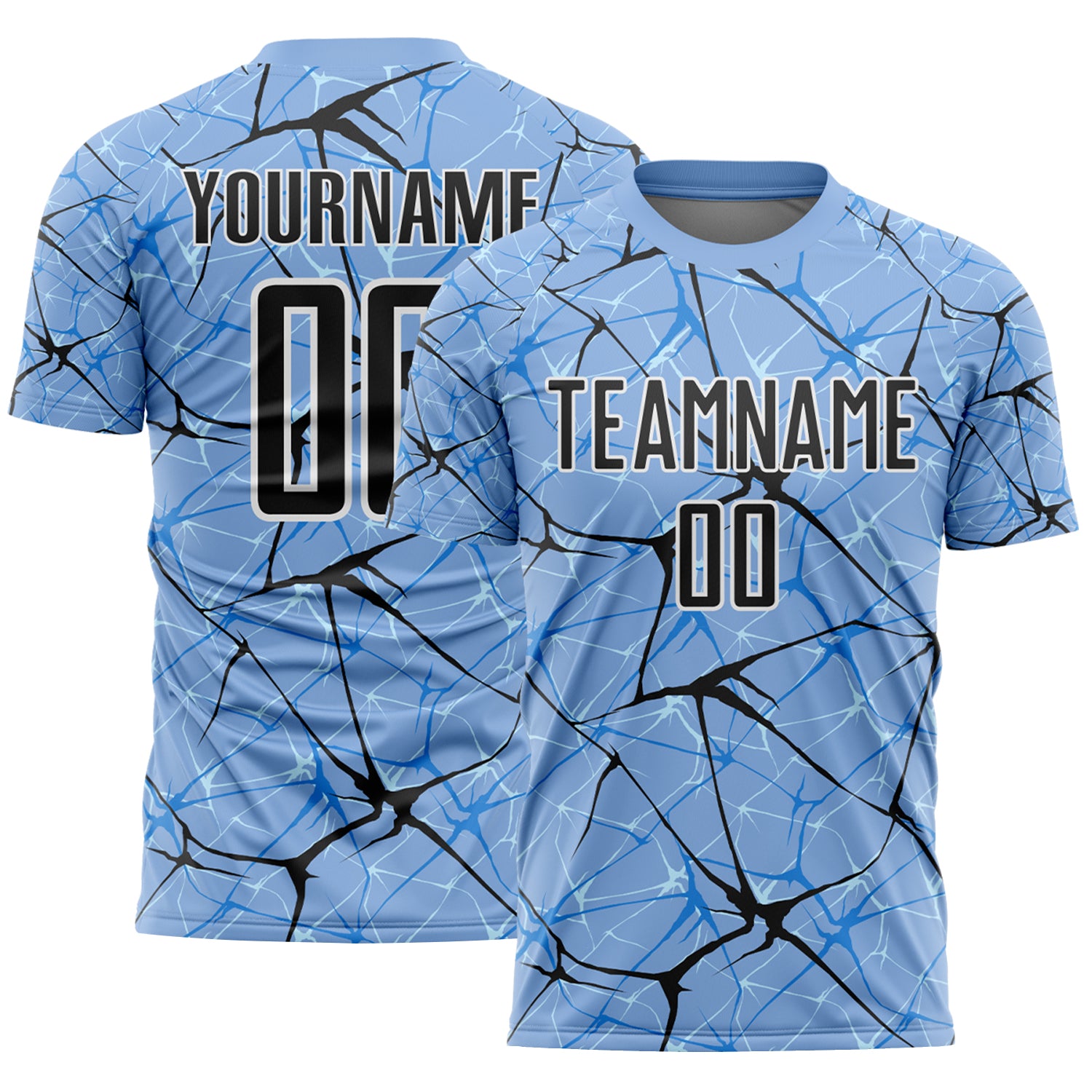 Custom Light Blue Black-White Abstract Network Crackle Sublimation Soccer Uniform Jersey