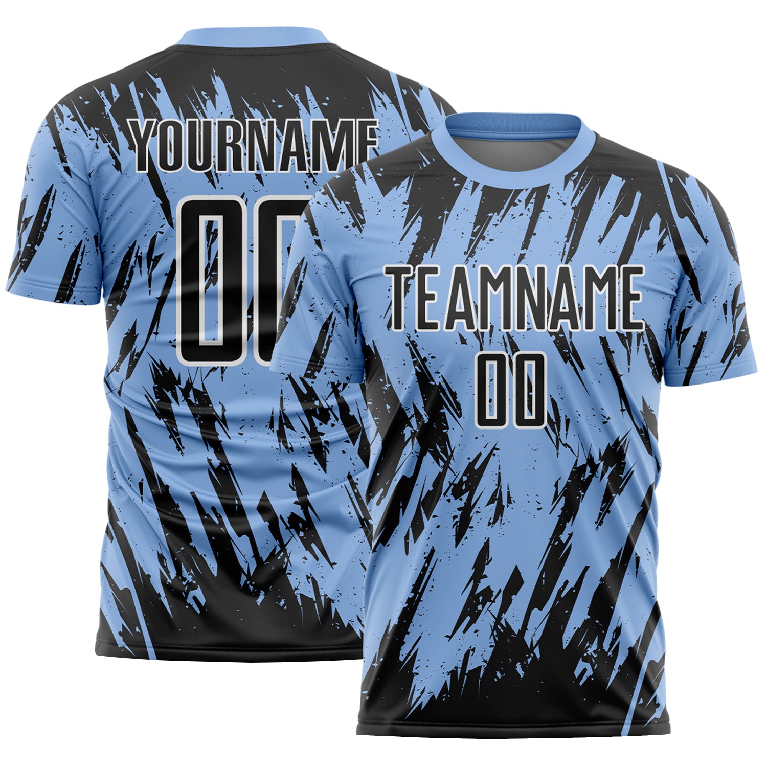 Custom Light Blue Black-White Splatter Torn Sharp Brush Stroke Sublimation Soccer Uniform Jersey