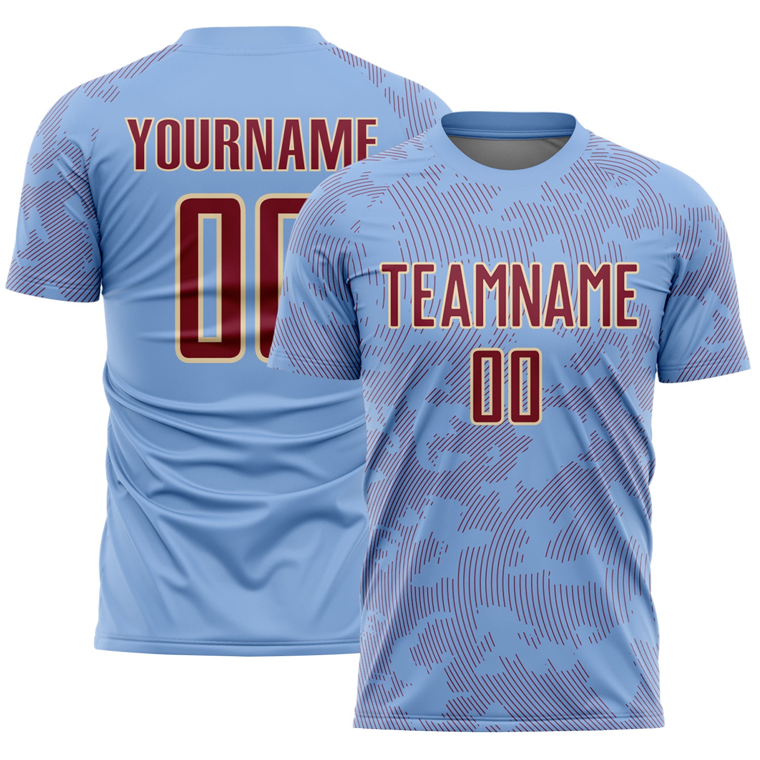 Custom Light Blue Crimson-Cream Curve Lines Sublimation Soccer Uniform Jersey