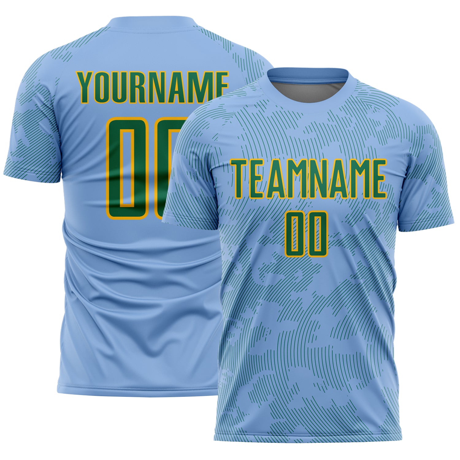 Custom Light Blue Kelly Green-Gold Curve Lines Sublimation Soccer Uniform Jersey