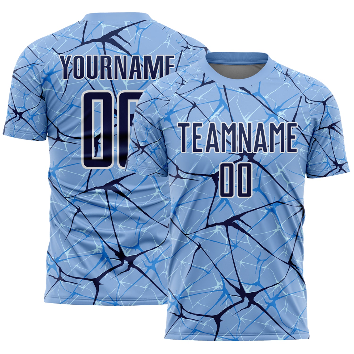 Custom Light Blue Navy-White Abstract Network Crackle Sublimation Soccer Uniform Jersey