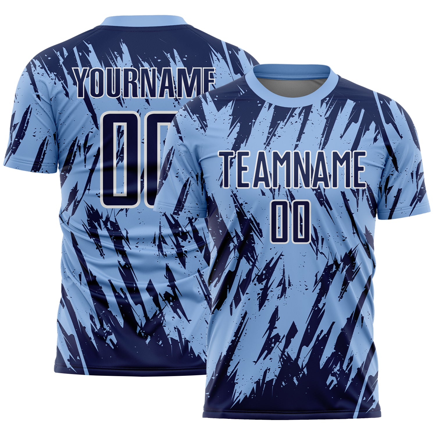 Custom Light Blue Navy-White Splatter Torn Sharp Brush Stroke Sublimation Soccer Uniform Jersey