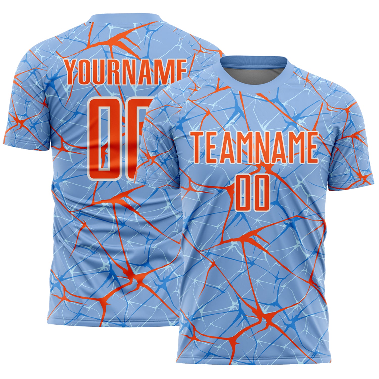 Custom Light Blue Orange-White Abstract Network Crackle Sublimation Soccer Uniform Jersey