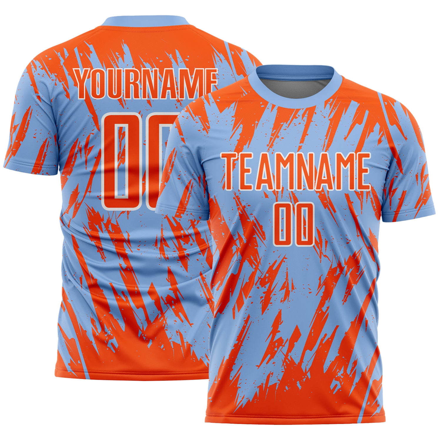 Custom Light Blue Orange-White Splatter Torn Sharp Brush Stroke Sublimation Soccer Uniform Jersey
