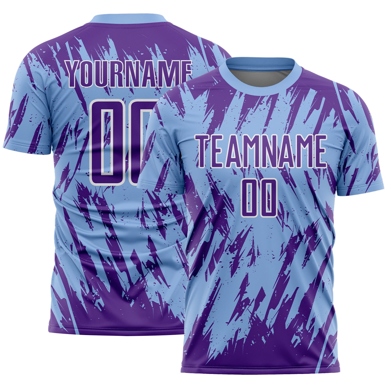 Custom Light Blue Purple-White Splatter Torn Sharp Brush Stroke Sublimation Soccer Uniform Jersey