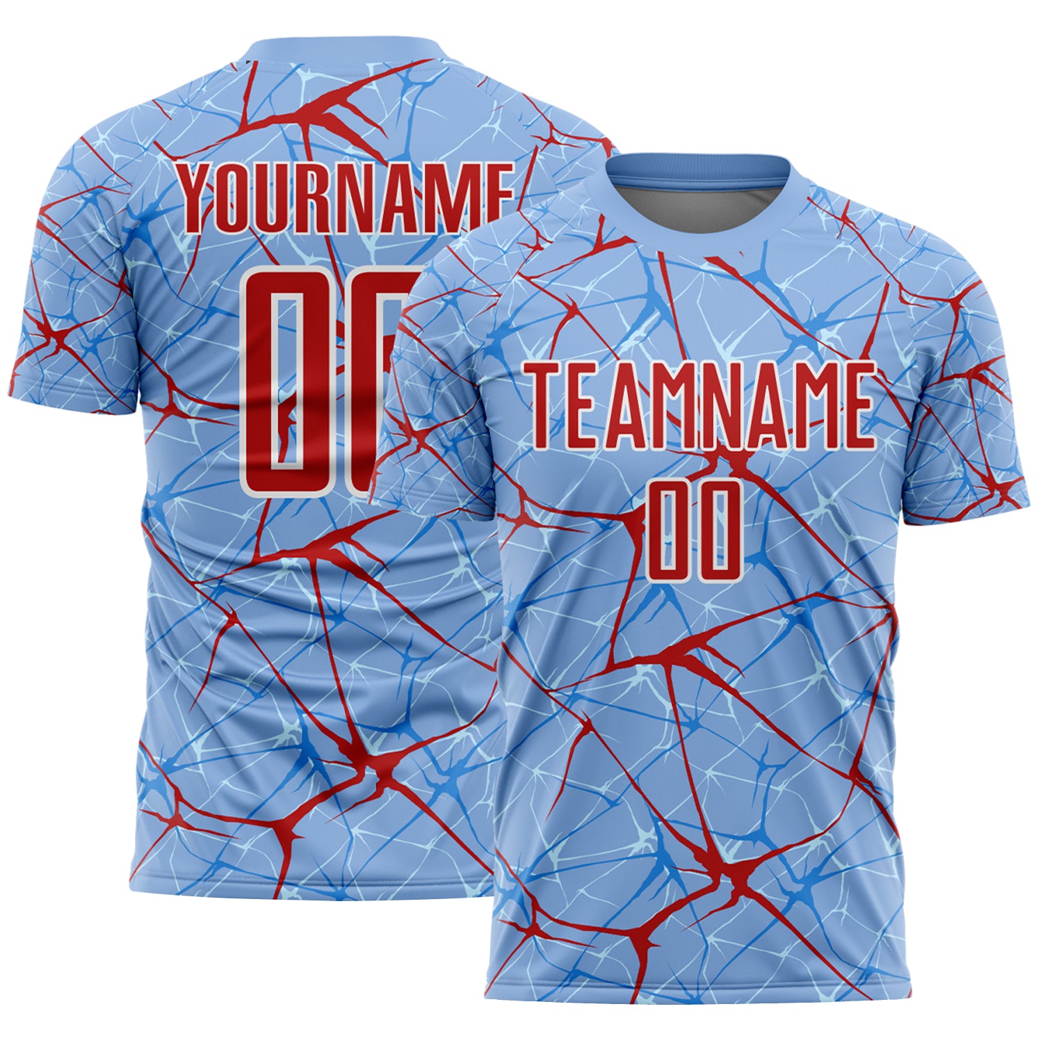 Custom Light Blue Red-White Abstract Network Crackle Sublimation Soccer Uniform Jersey