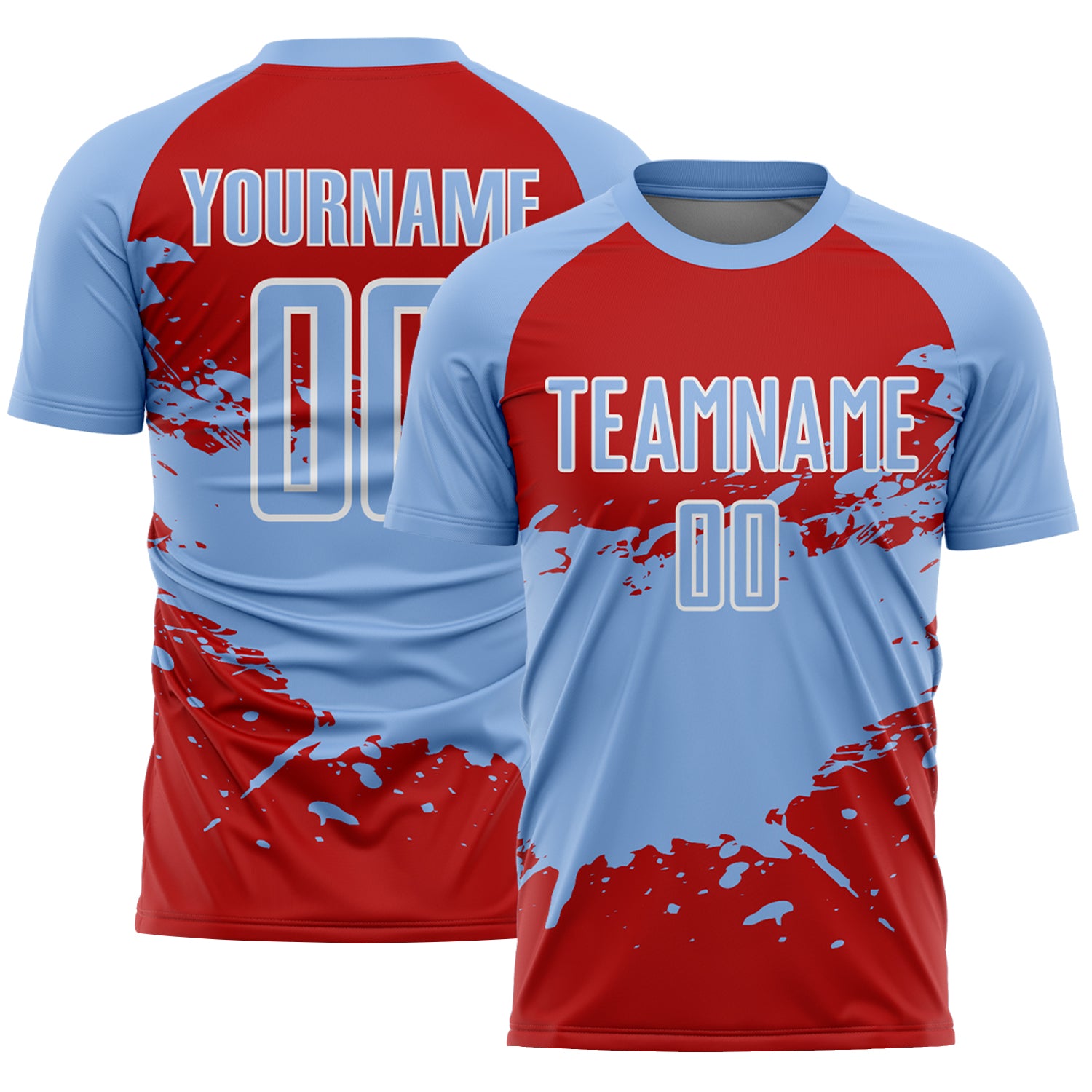 Custom Light Blue Red-White Splash Color Block Sublimation Soccer Uniform Jersey