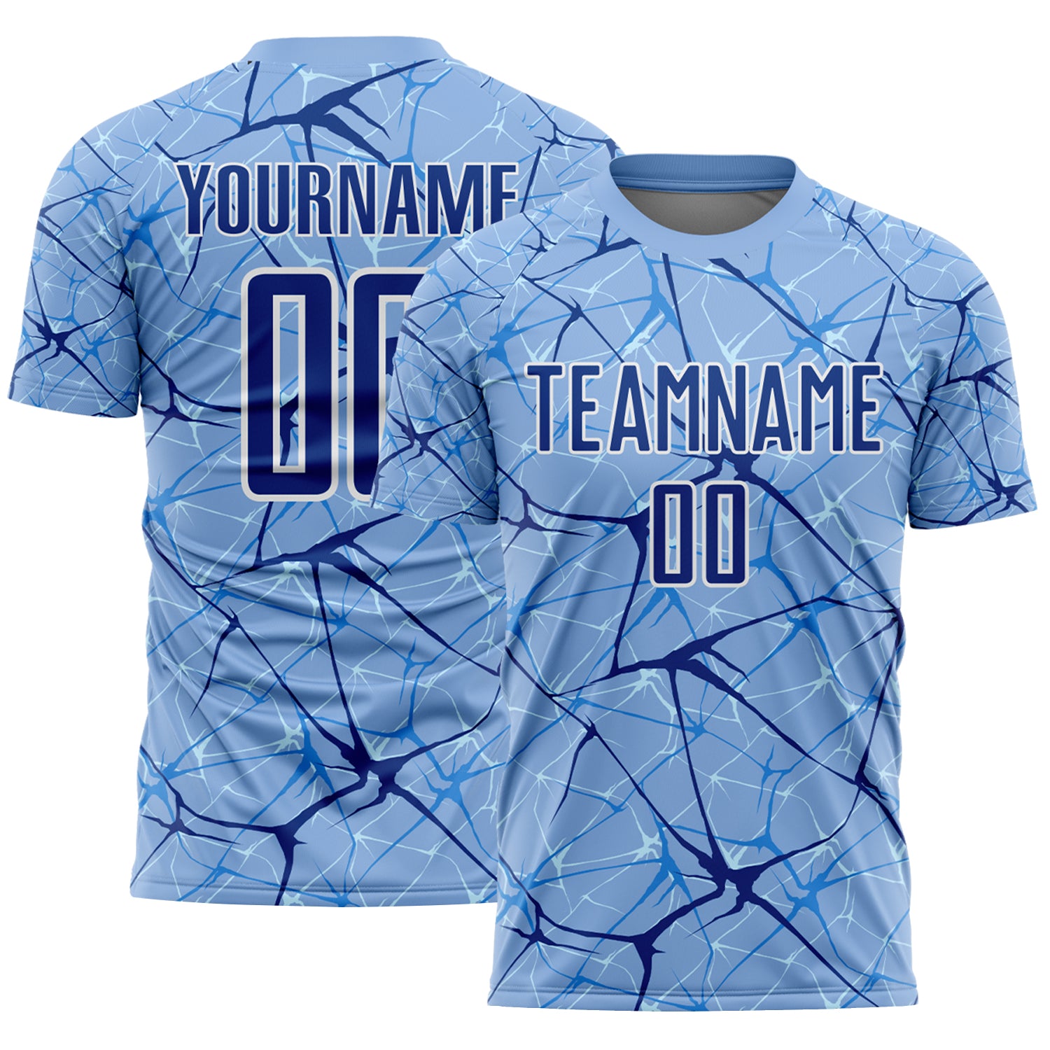 Custom Light Blue Royal-White Abstract Network Crackle Sublimation Soccer Uniform Jersey
