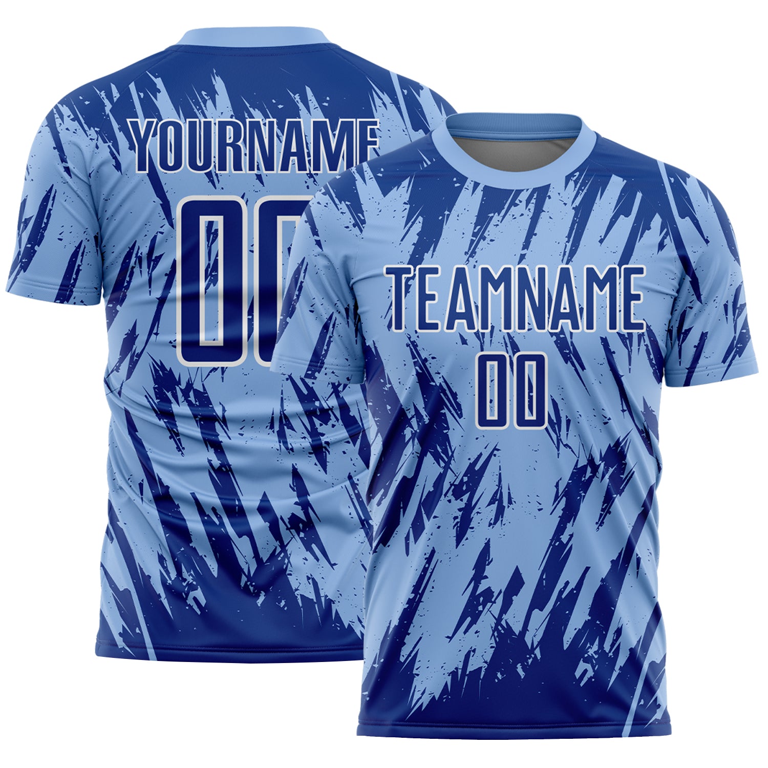 Custom Light Blue Royal-White Splatter Torn Sharp Brush Stroke Sublimation Soccer Uniform Jersey