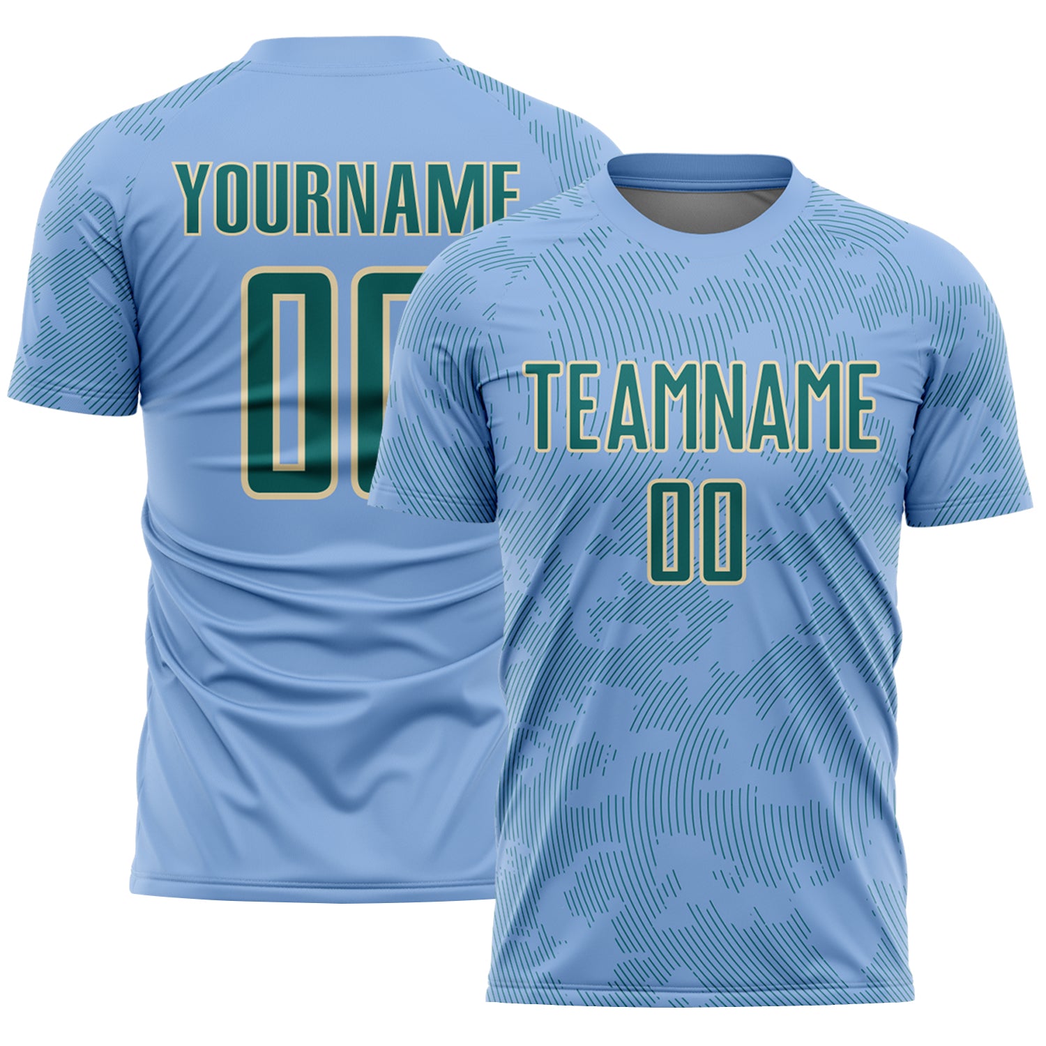 Custom Light Blue Teal-Cream Curve Lines Sublimation Soccer Uniform Jersey