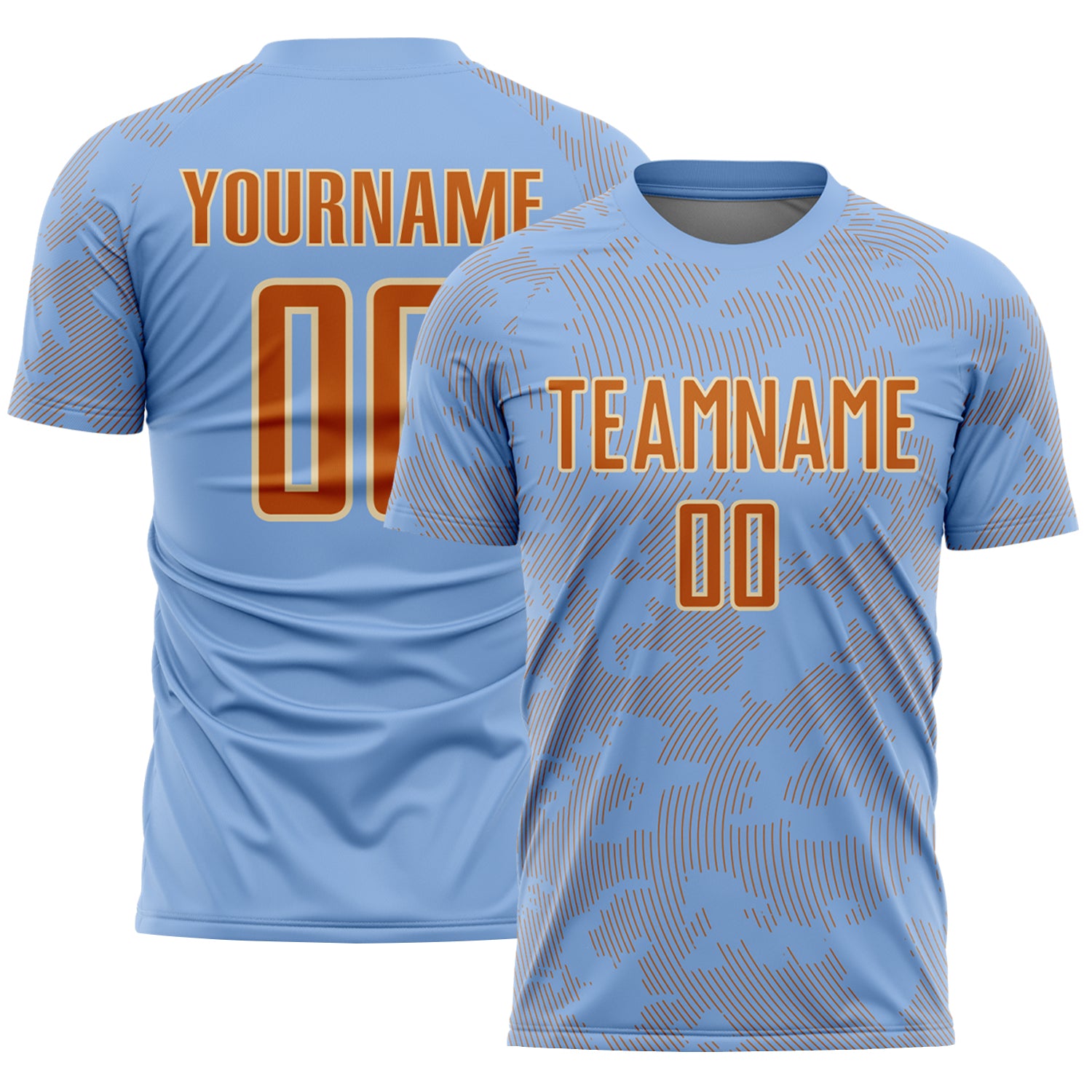 Custom Light Blue Texas Orange-Cream Curve Lines Sublimation Soccer Uniform Jersey