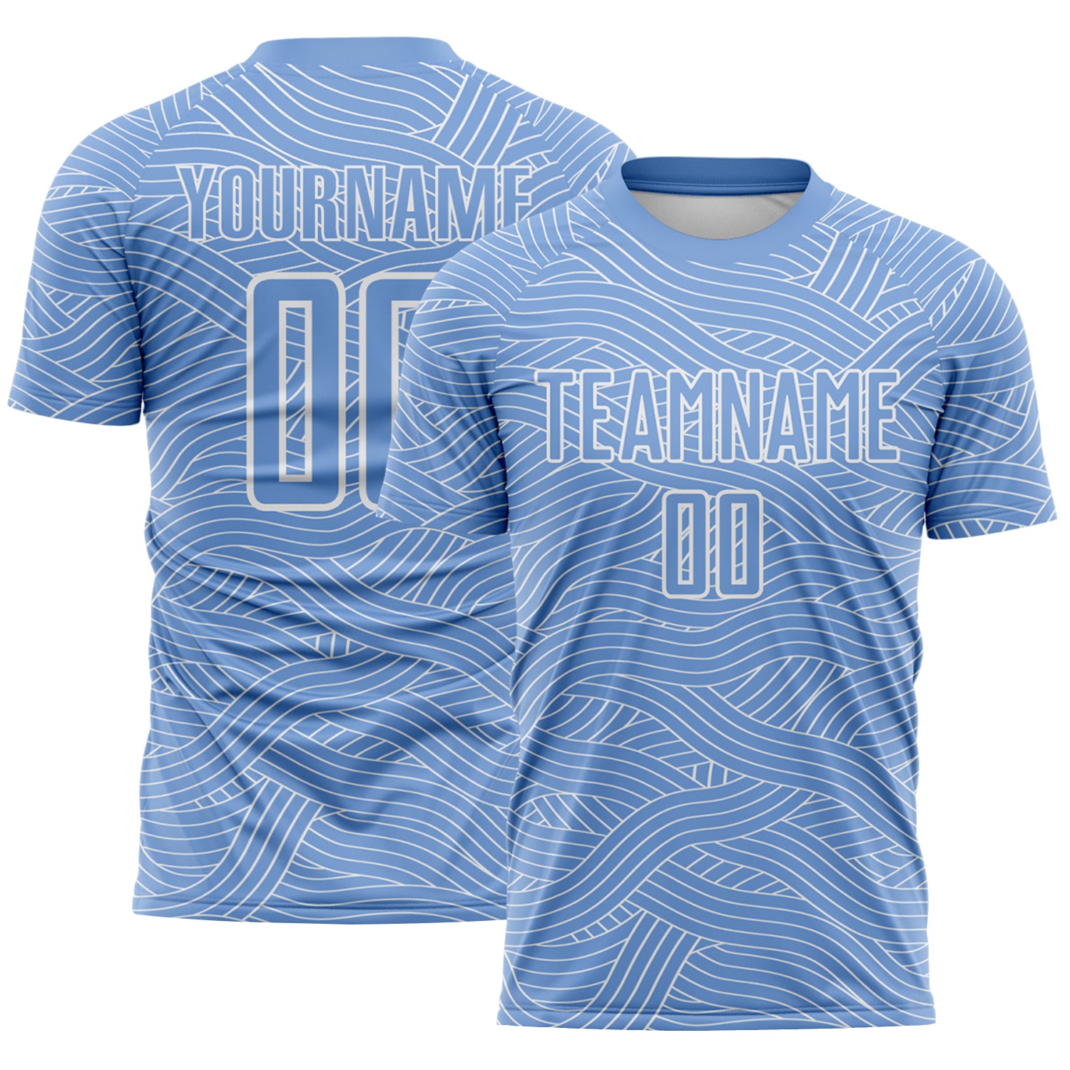 Custom Light Blue-White Abstract Wave Lines Interlocking Sublimation Soccer Uniform Jersey
