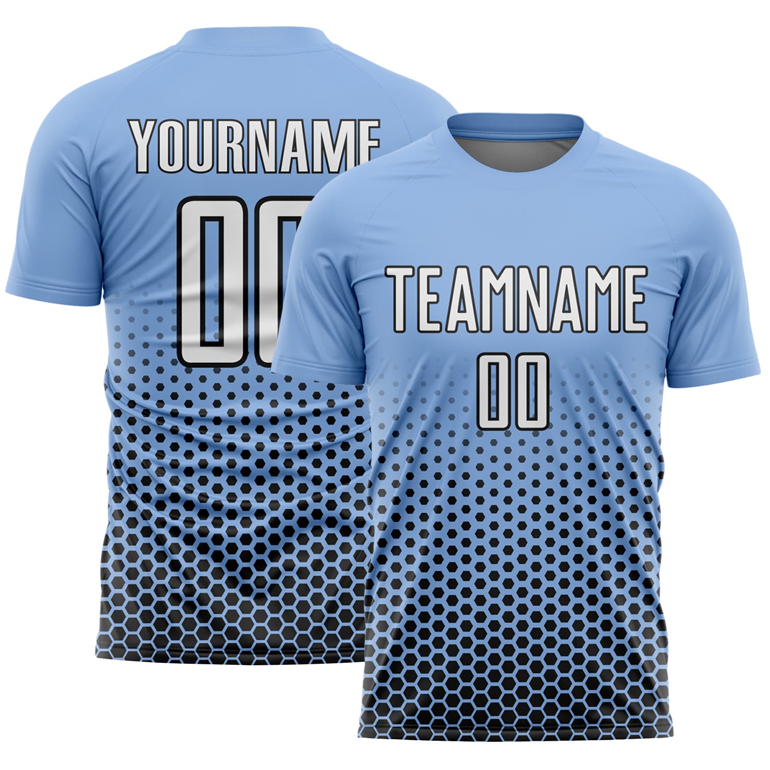 Custom Light Blue White-Black Geometric Hexagonal Dot Gradient Sublimation Soccer Uniform Jersey