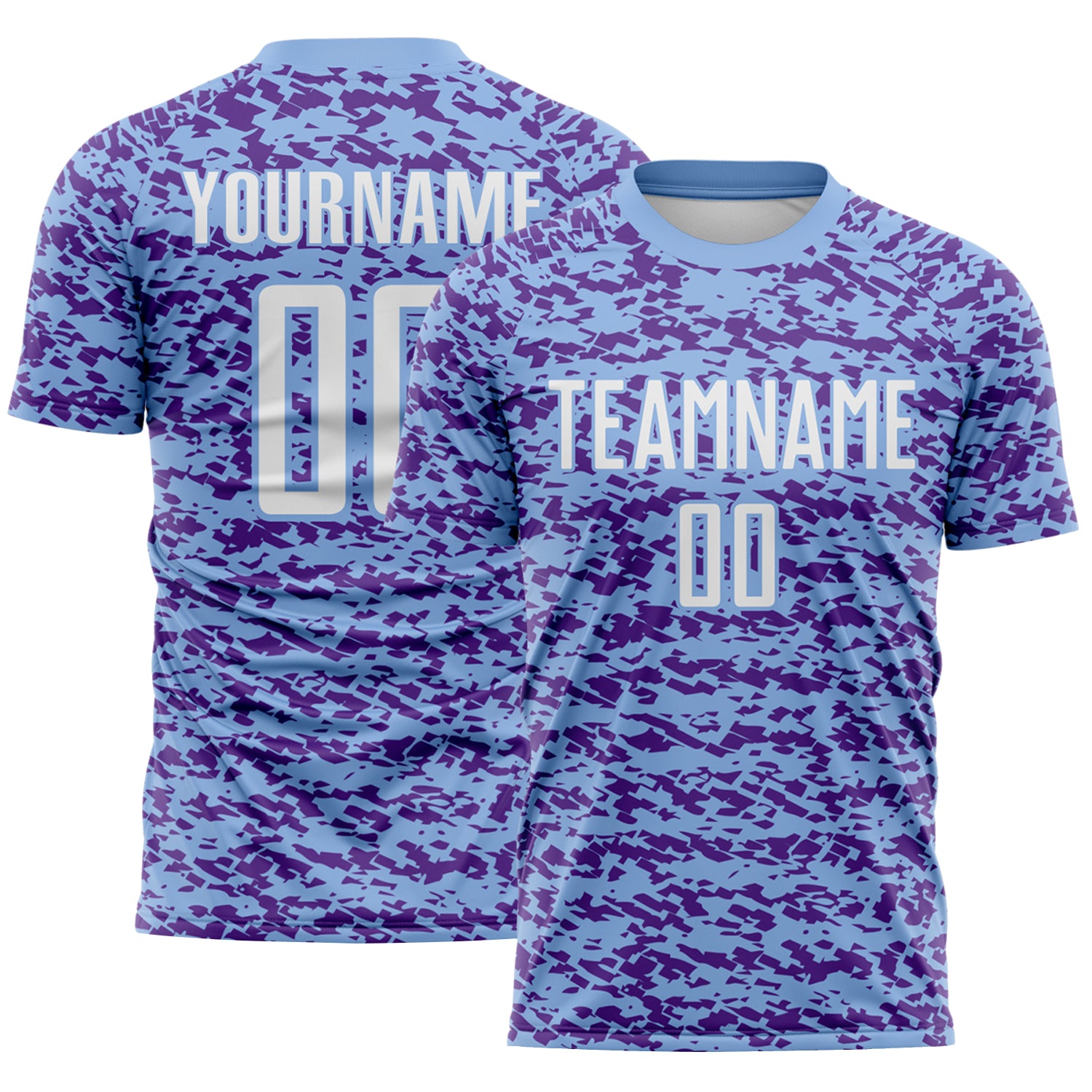 Custom Light Blue White-Purple Geometric Fragment Splatter Sublimation Soccer Uniform Jersey