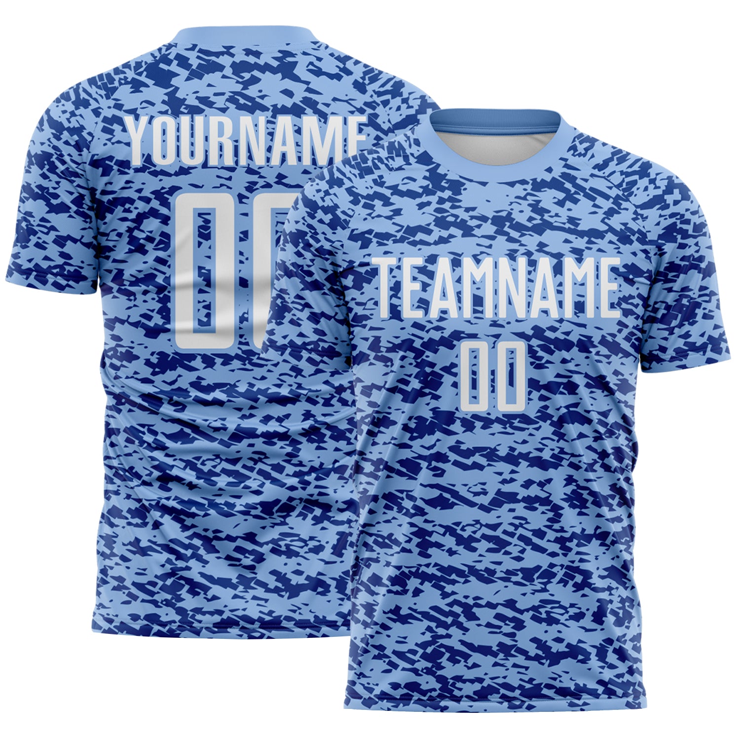 Custom Light Blue White-Royal Geometric Fragment Splatter Sublimation Soccer Uniform Jersey