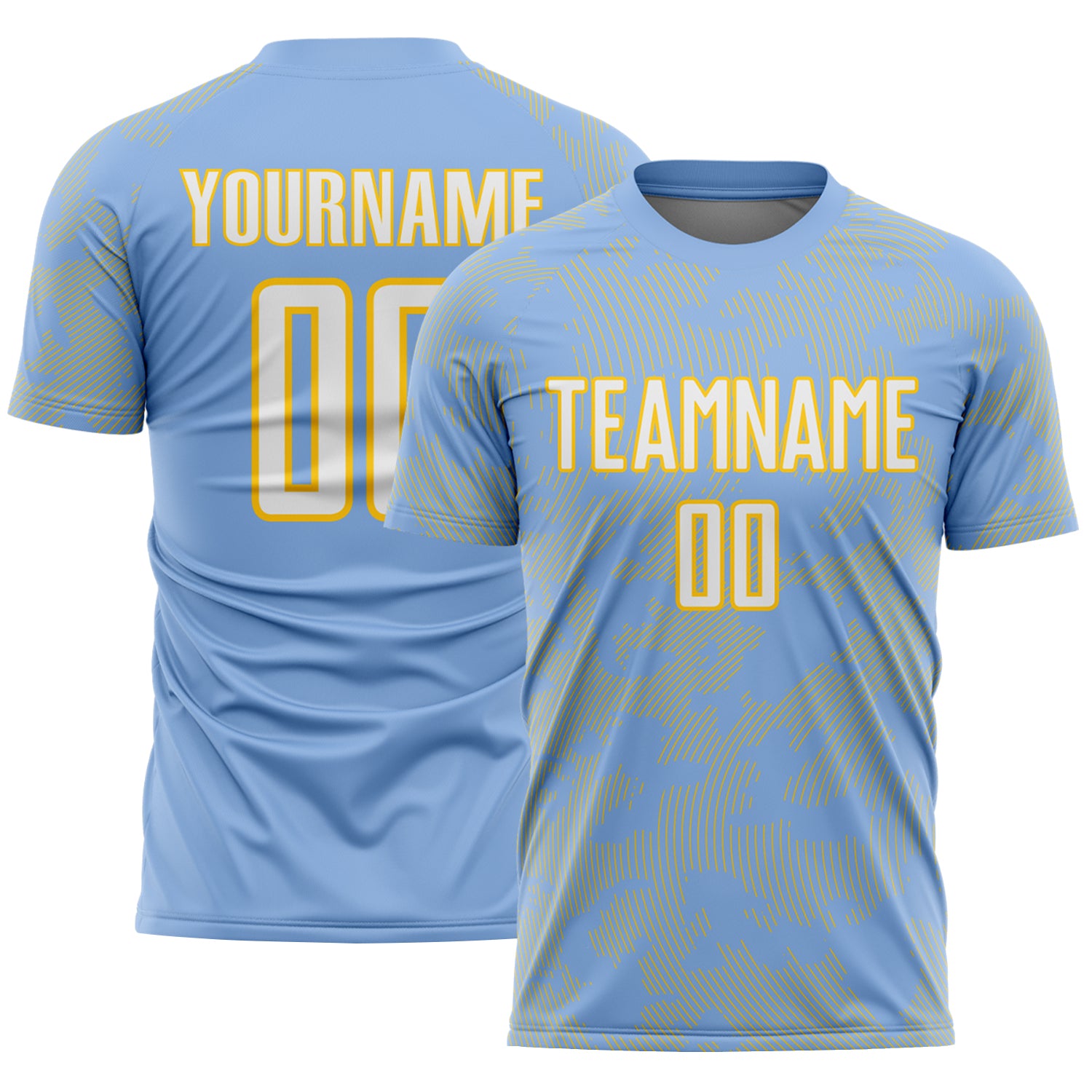 Custom Light Blue White-Yellow Curve Lines Sublimation Soccer Uniform Jersey